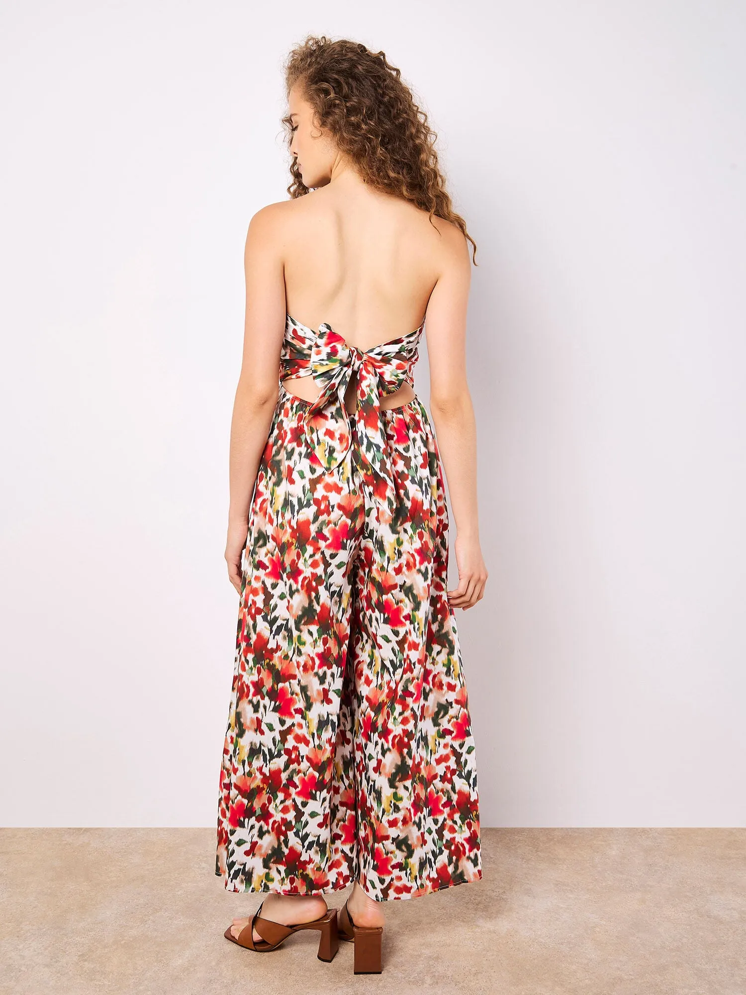 Apricot Women's Sleeveless Blurred Ikat Tie-back Palazzo Jumpsuit - Red