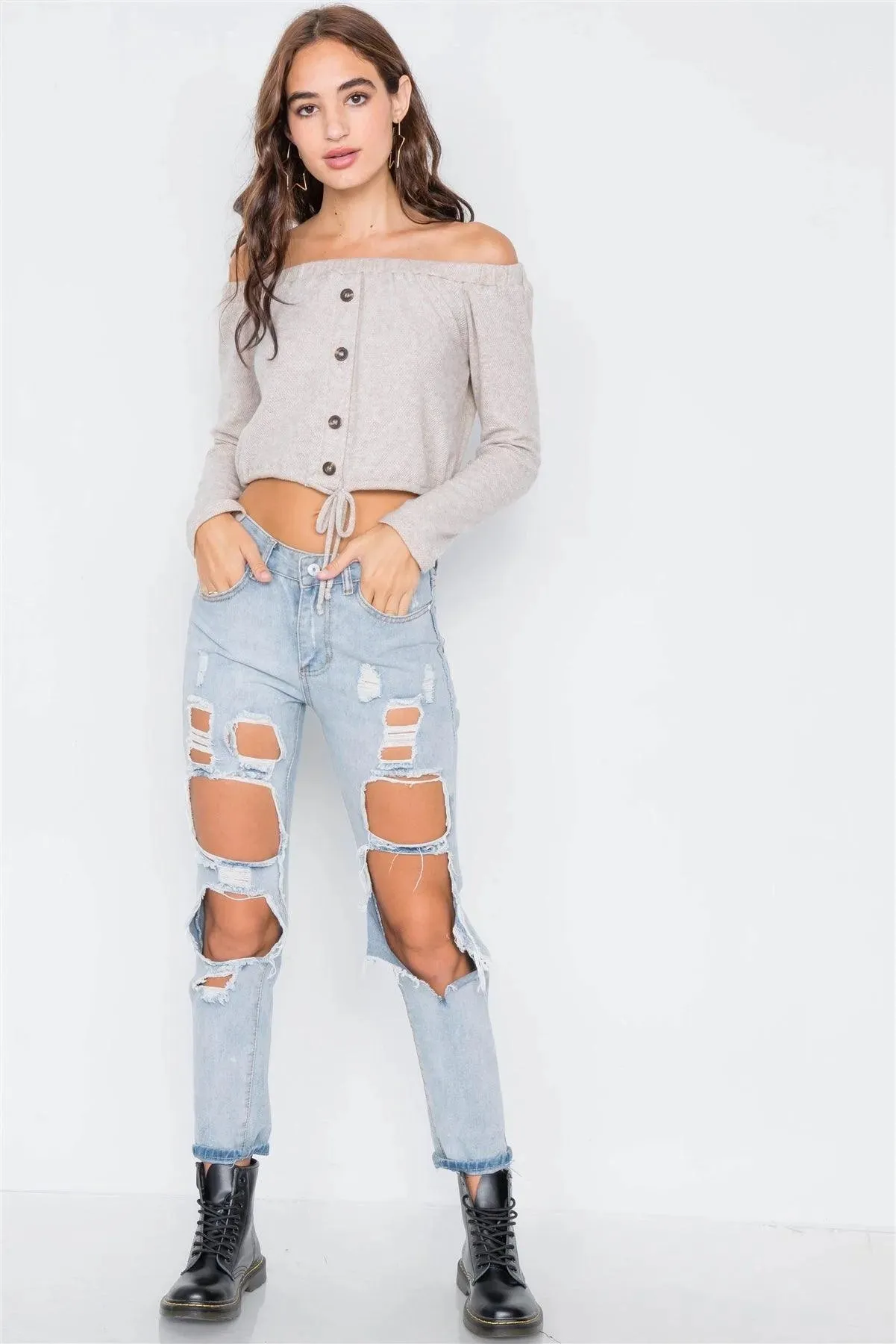 Beige Front Self-Tie Relaxed Fit Off-The-Shoulder Top