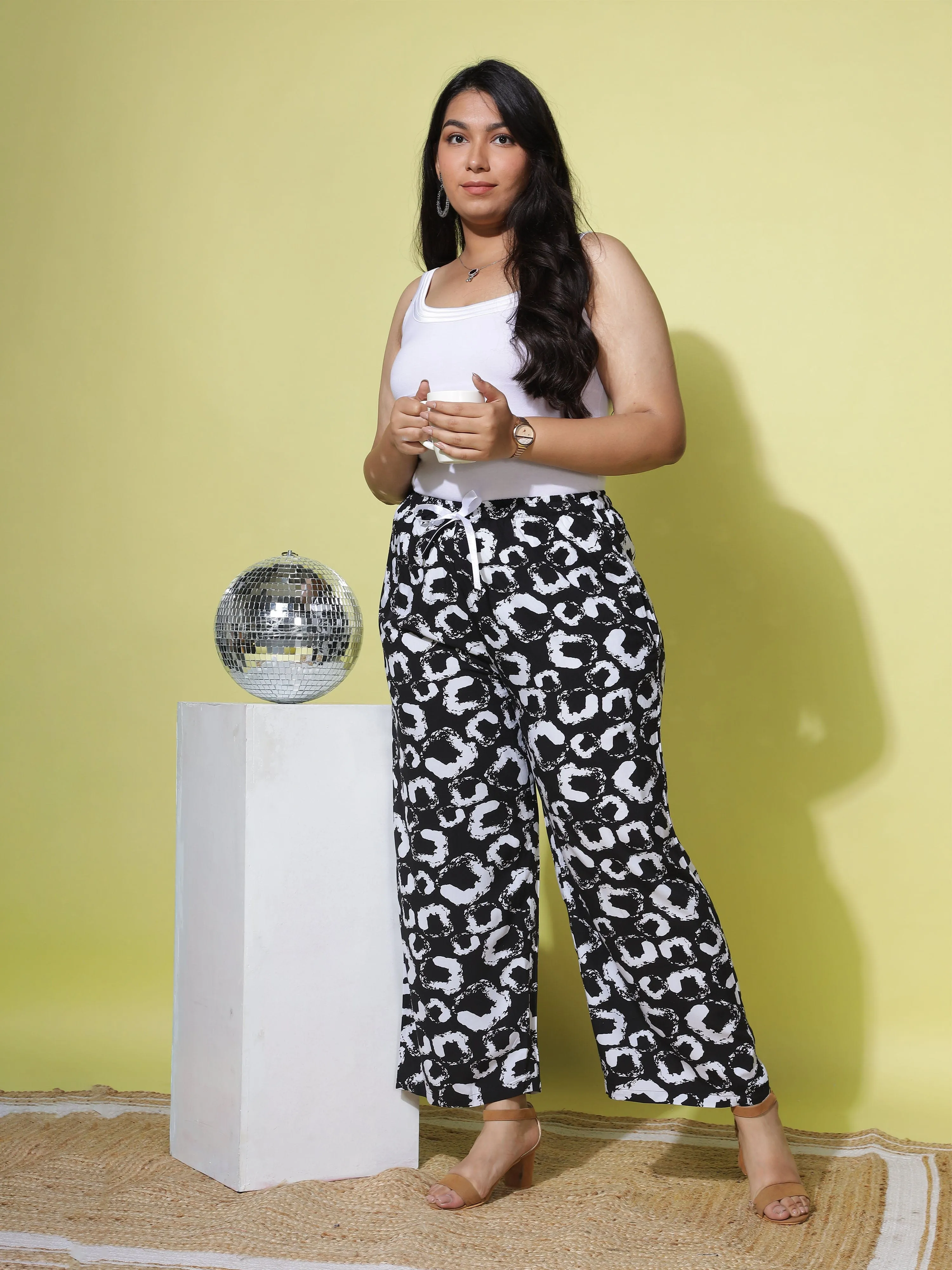 Black and White Palazzo Pants for Women with Elegant Abstract Prints