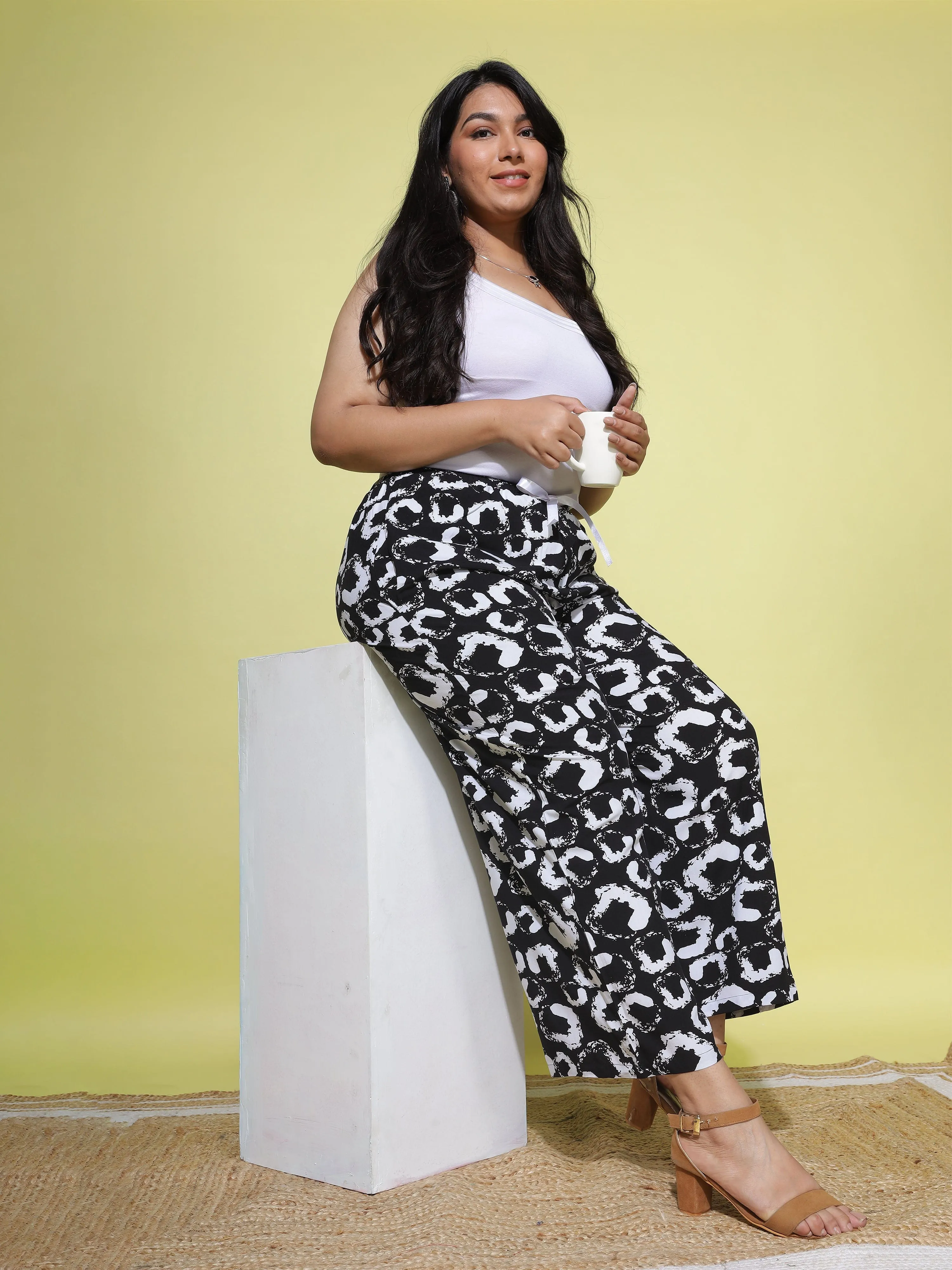 Black and White Palazzo Pants for Women with Elegant Abstract Prints