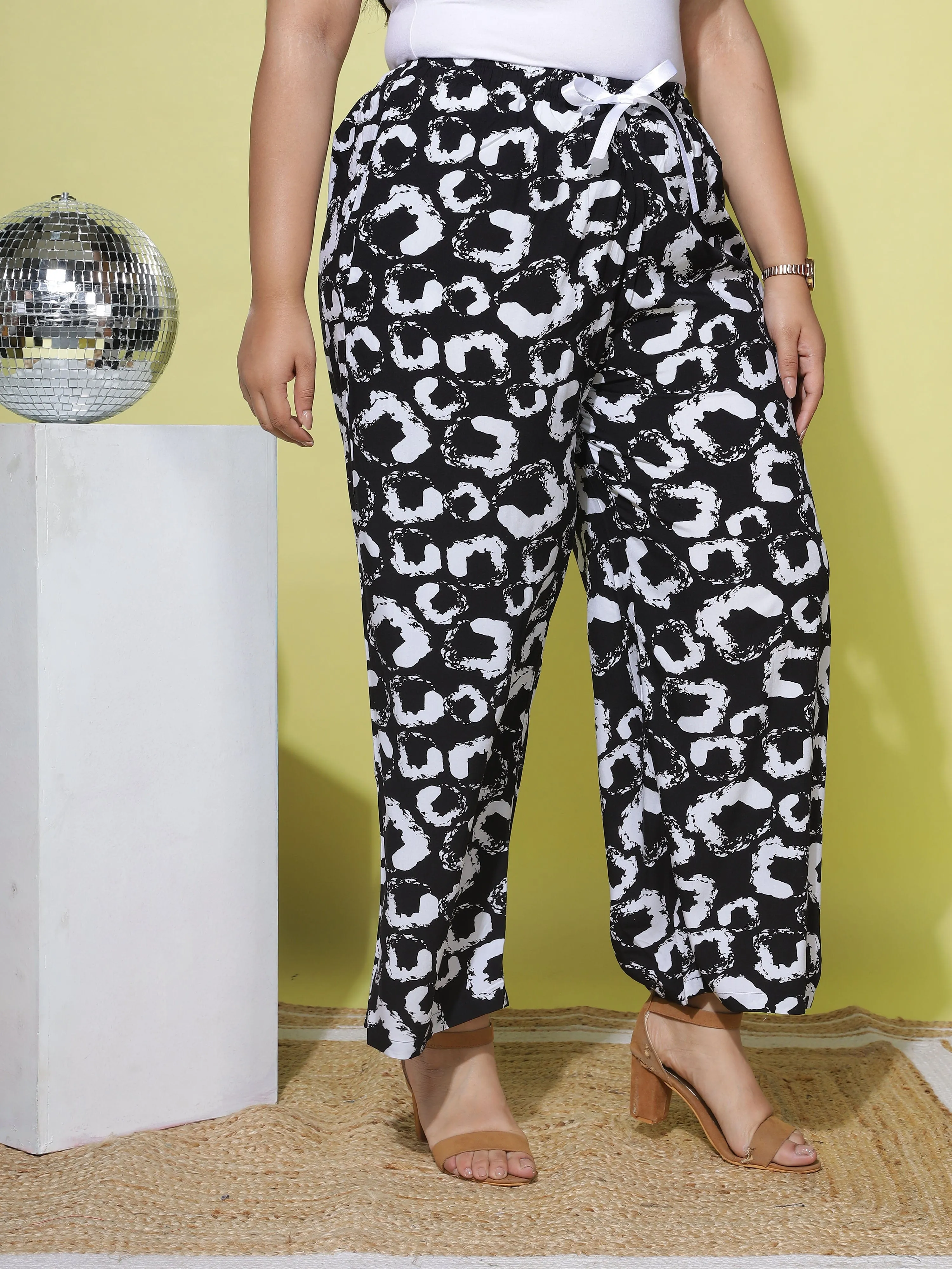 Black and White Palazzo Pants for Women with Elegant Abstract Prints