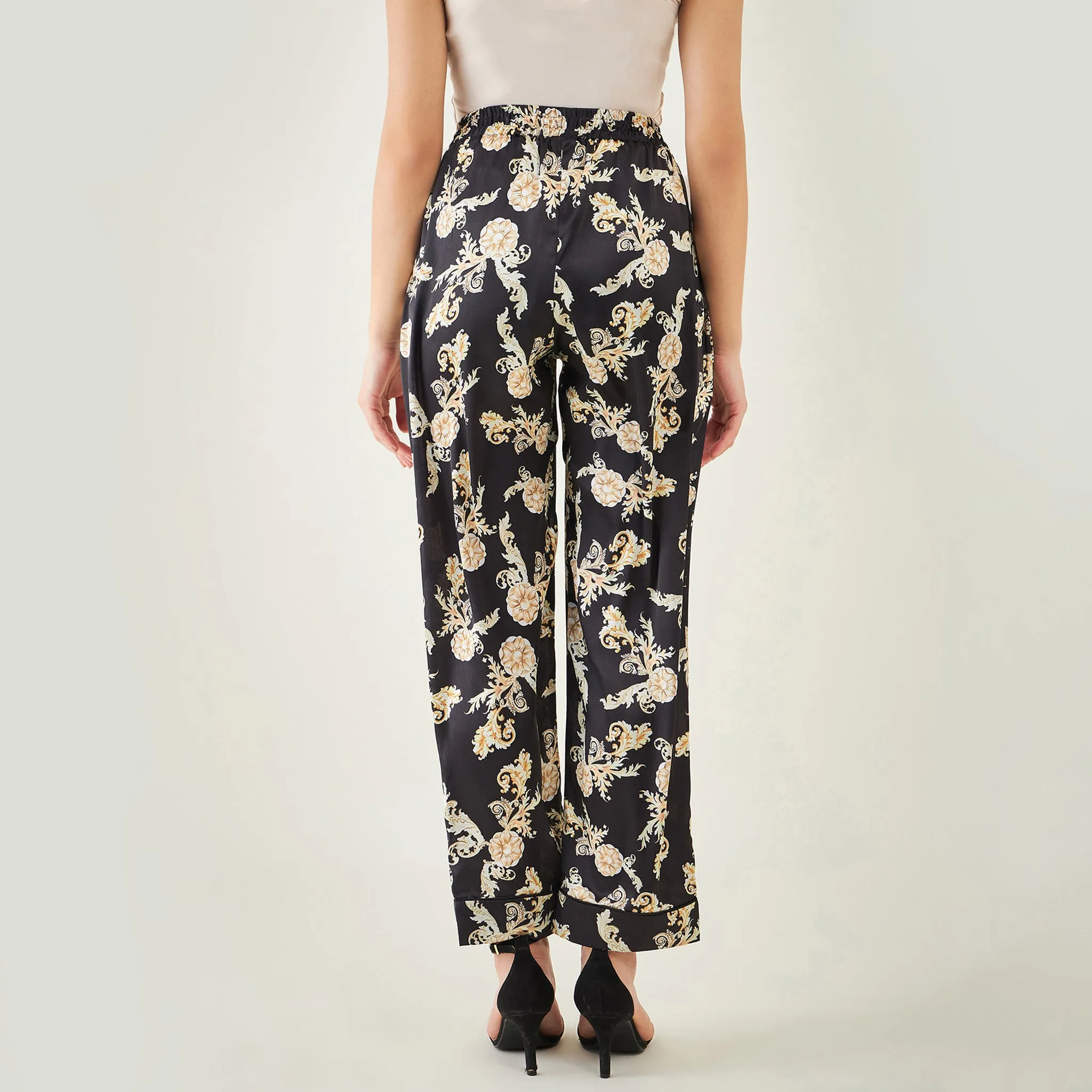 Black Baroque Print Shirt with Belt and Pants Set