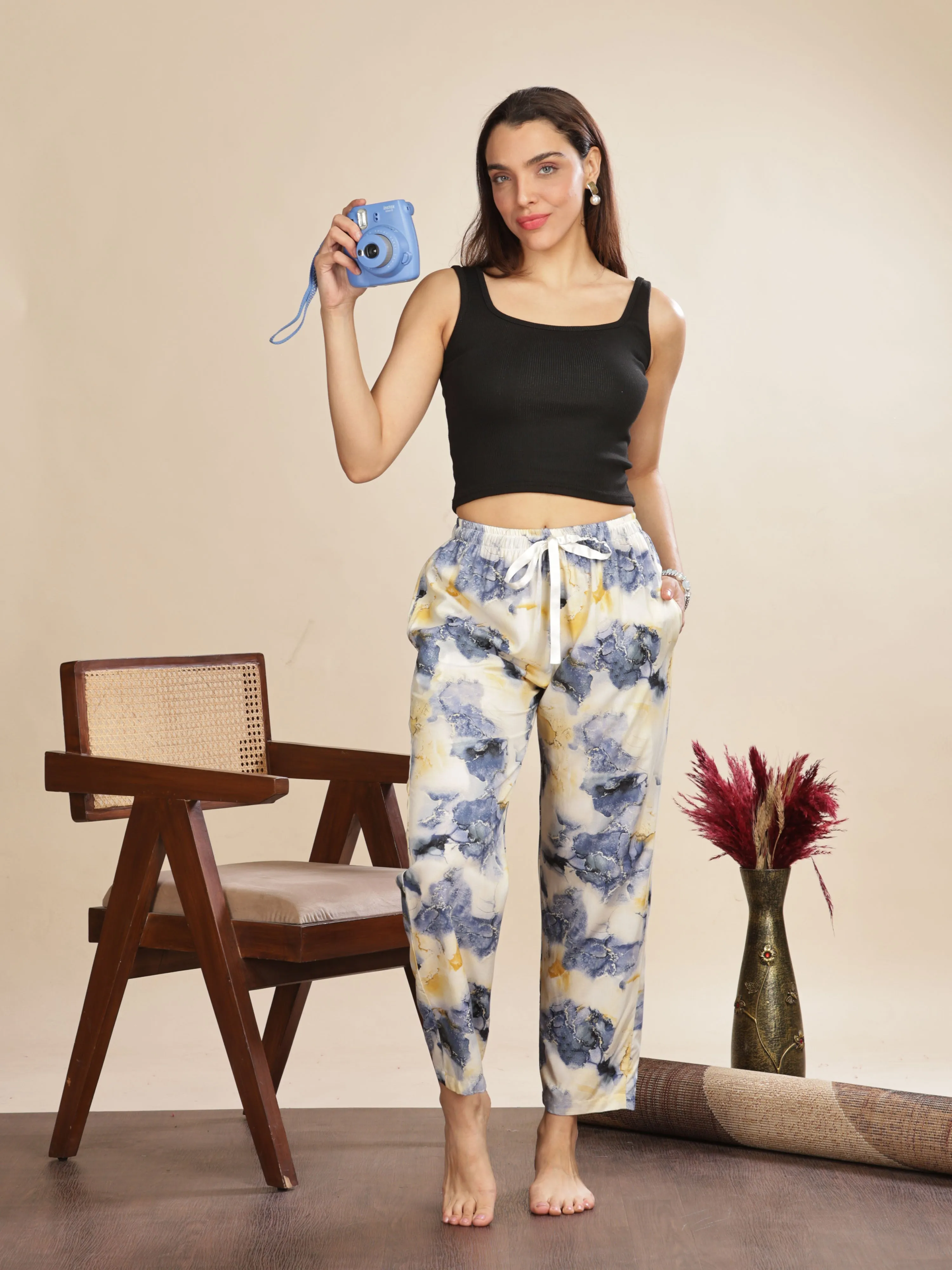 Blue Cloud Rayon Palazzo Pants for Women with Relaxed Fit and Pockets