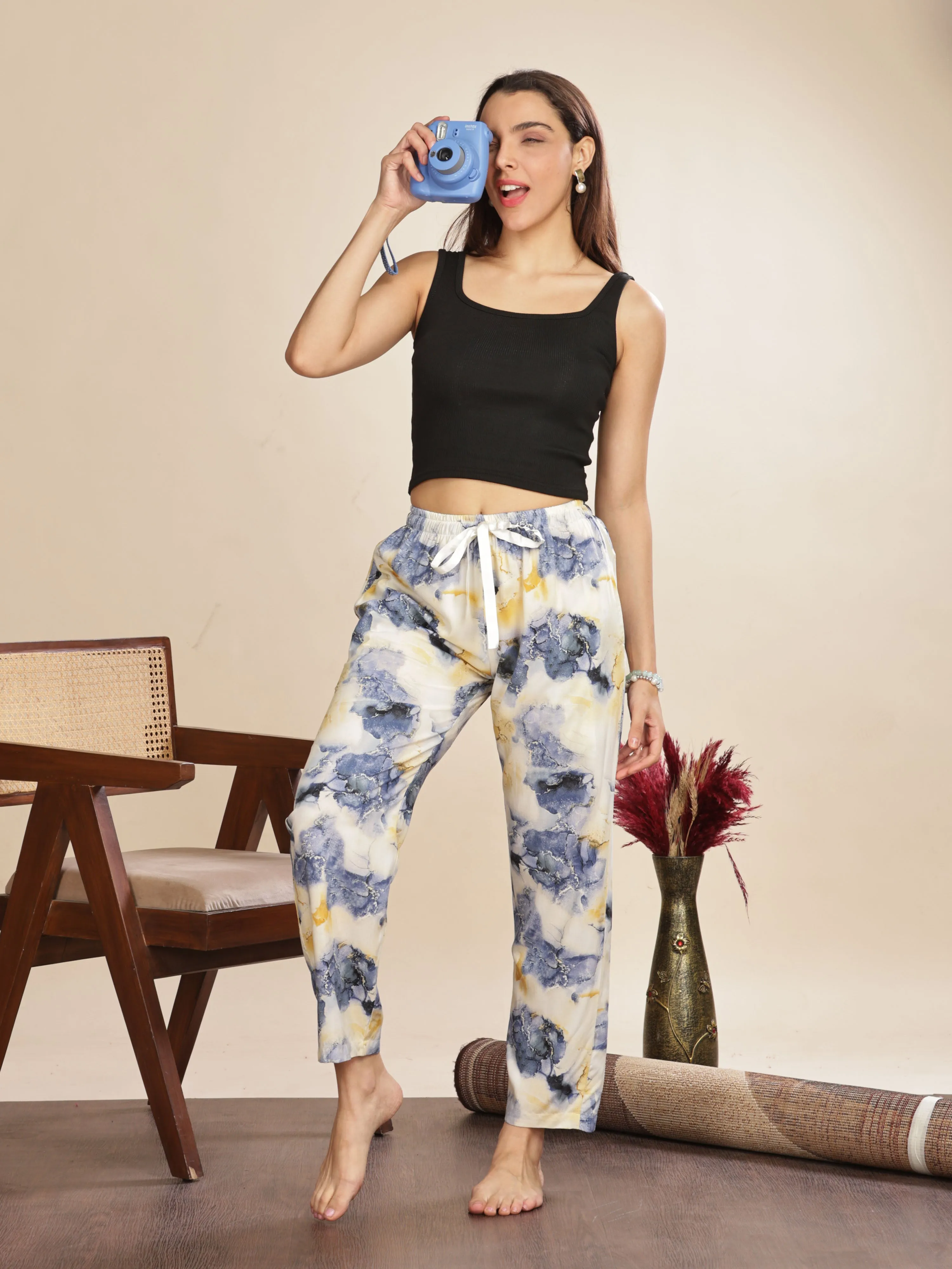 Blue Cloud Rayon Palazzo Pants for Women with Relaxed Fit and Pockets