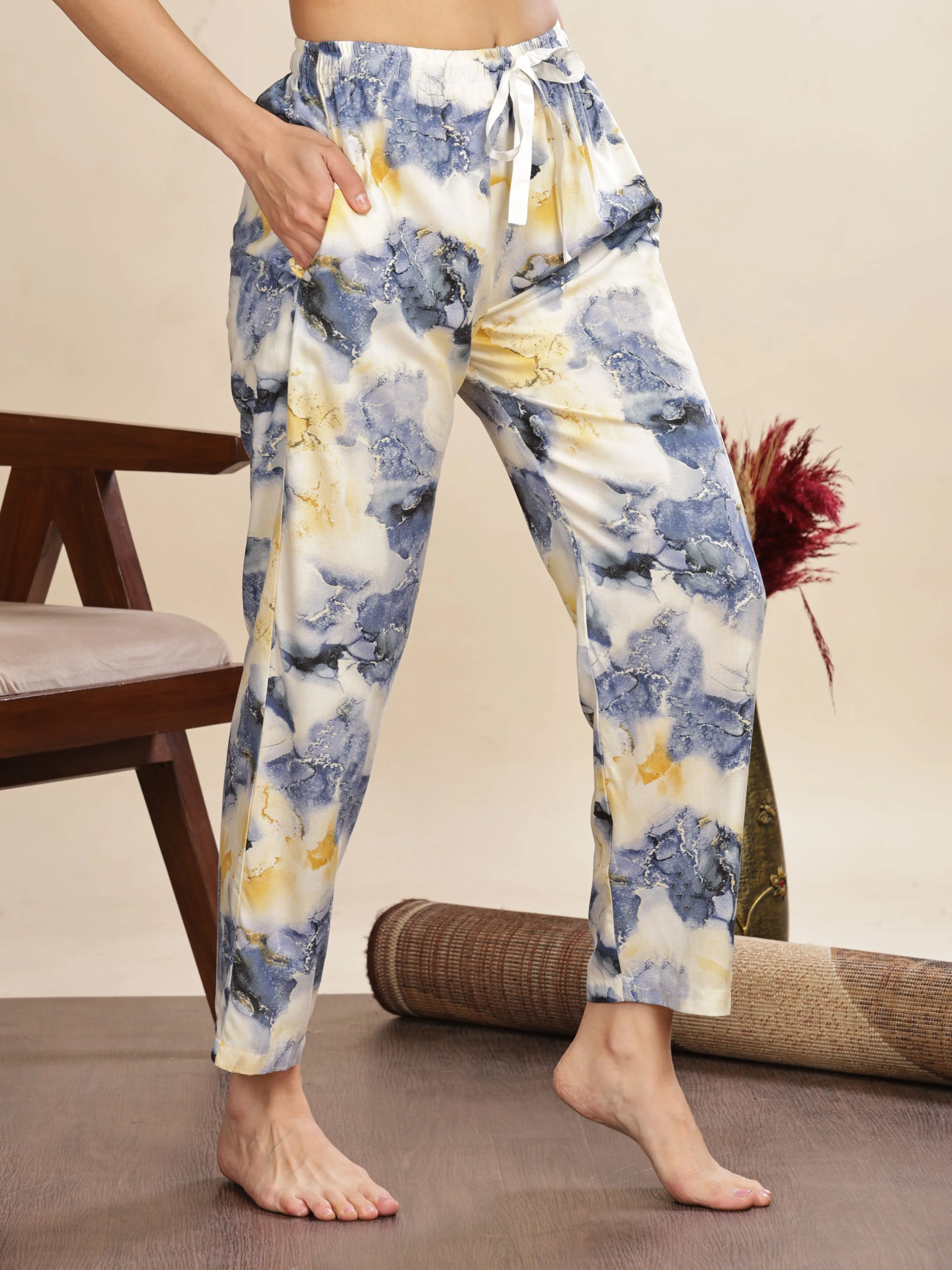 Blue Cloud Rayon Palazzo Pants for Women with Relaxed Fit and Pockets