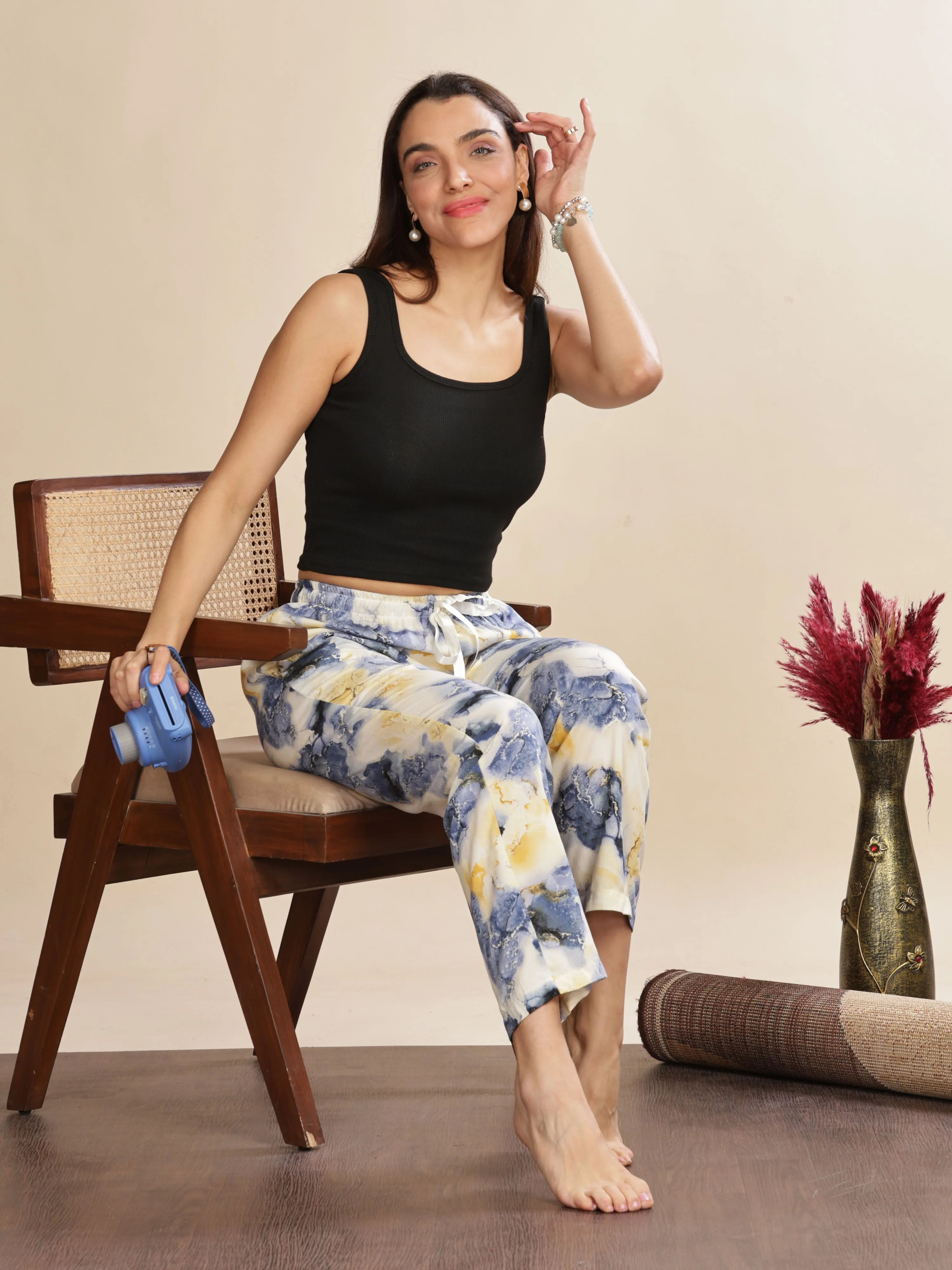 Blue Cloud Rayon Palazzo Pants for Women with Relaxed Fit and Pockets