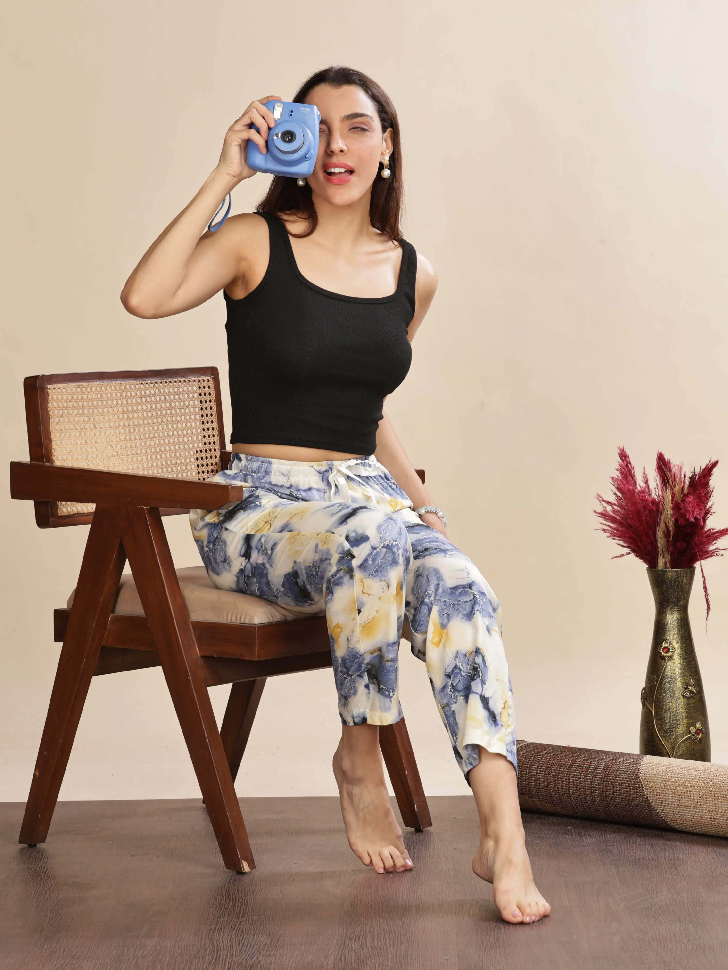 Blue Cloud Rayon Palazzo Pants for Women with Relaxed Fit and Pockets