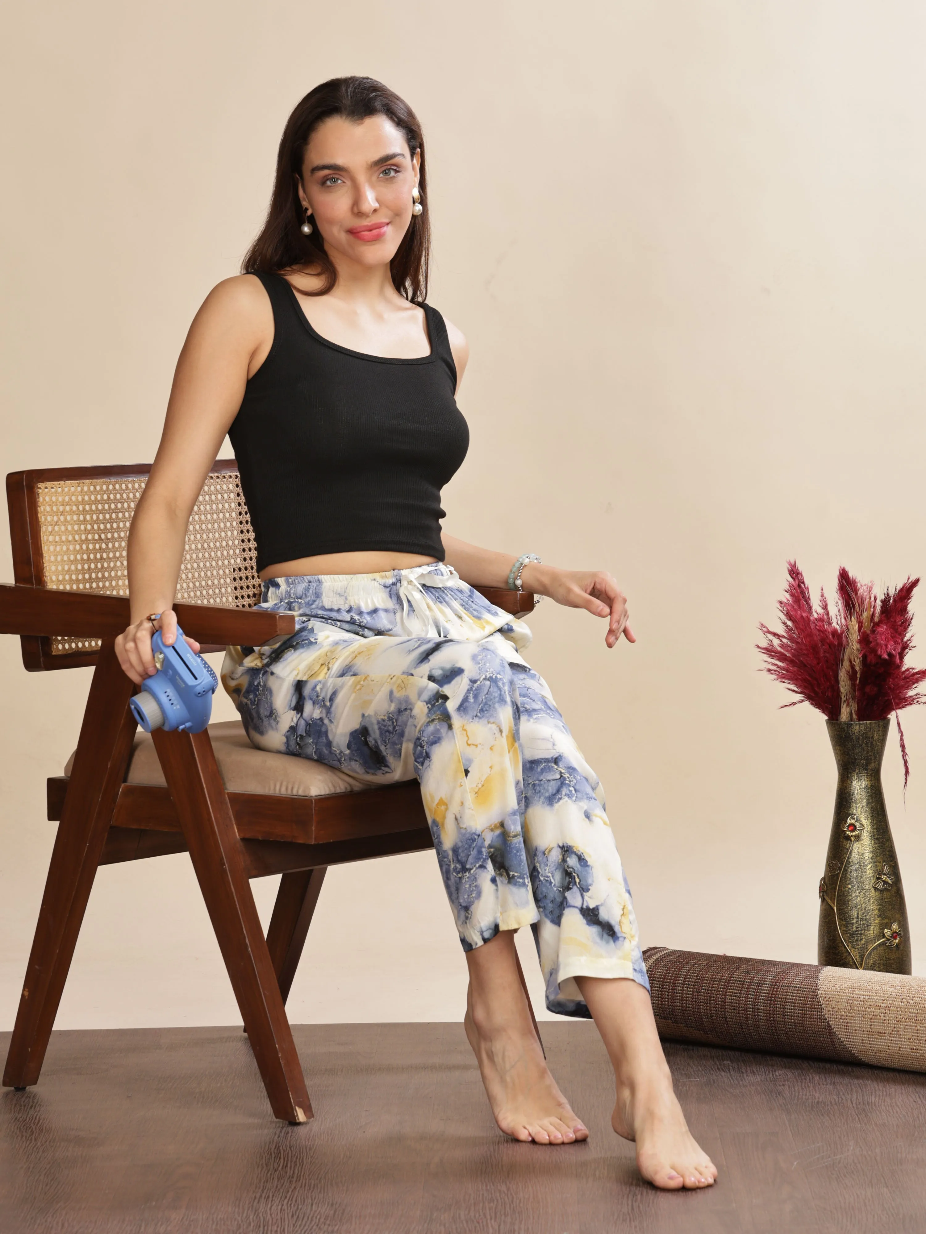 Blue Cloud Rayon Palazzo Pants for Women with Relaxed Fit and Pockets