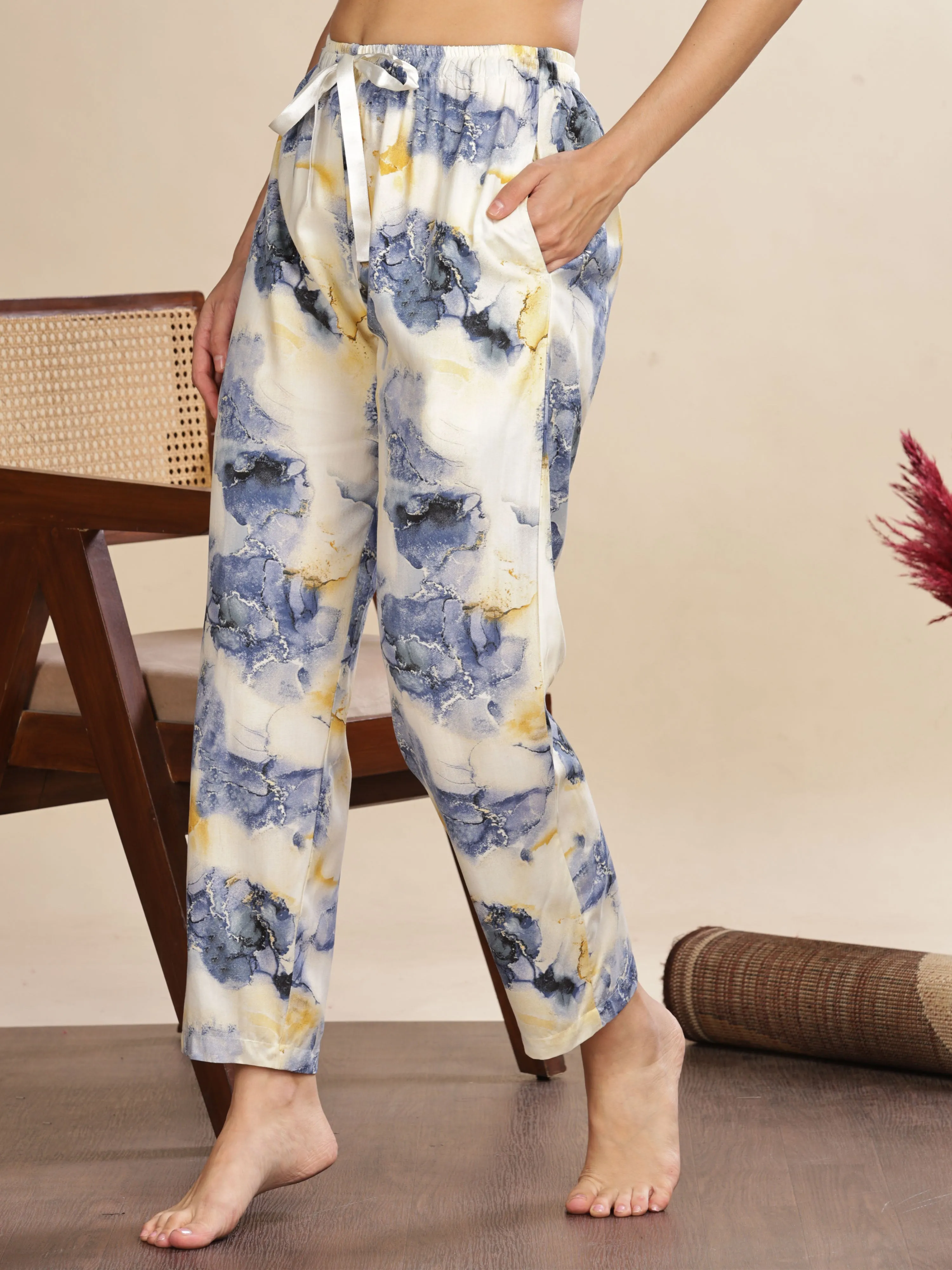 Blue Cloud Rayon Palazzo Pants for Women with Relaxed Fit and Pockets