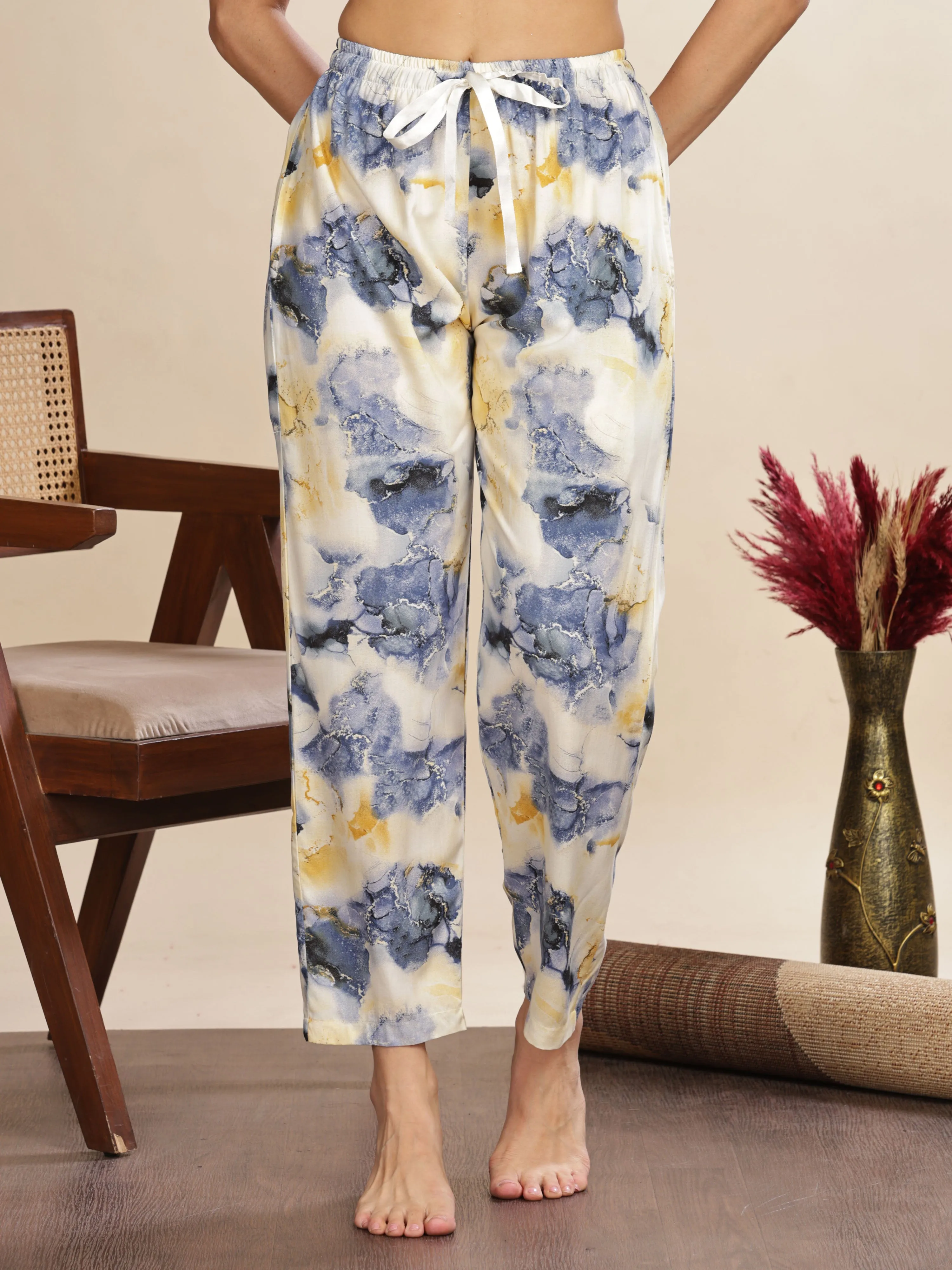 Blue Cloud Rayon Palazzo Pants for Women with Relaxed Fit and Pockets