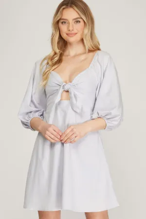 BLUE GREY BALLOON 3/4 SLEEVES FRONT TIE BACK SMOCKING MINI DRESS S10SS9716