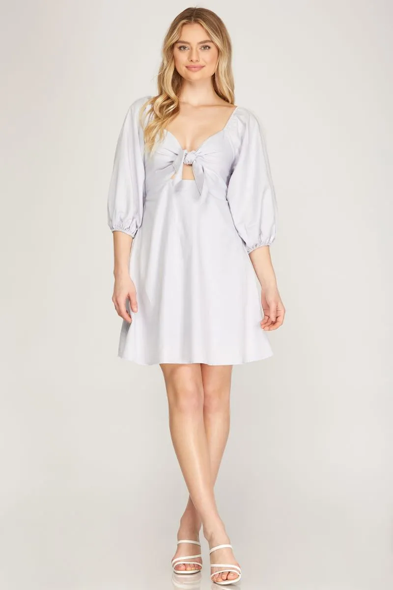 BLUE GREY BALLOON 3/4 SLEEVES FRONT TIE BACK SMOCKING MINI DRESS S10SS9716