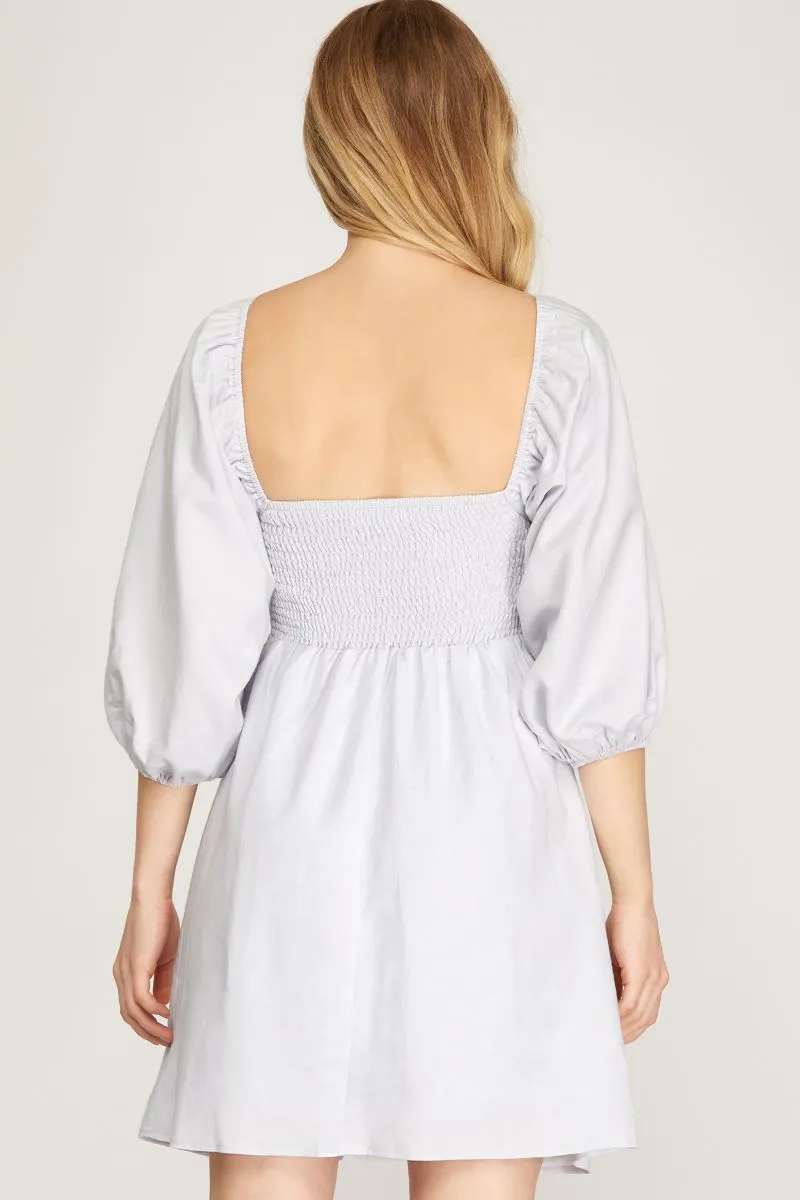 BLUE GREY BALLOON 3/4 SLEEVES FRONT TIE BACK SMOCKING MINI DRESS S10SS9716