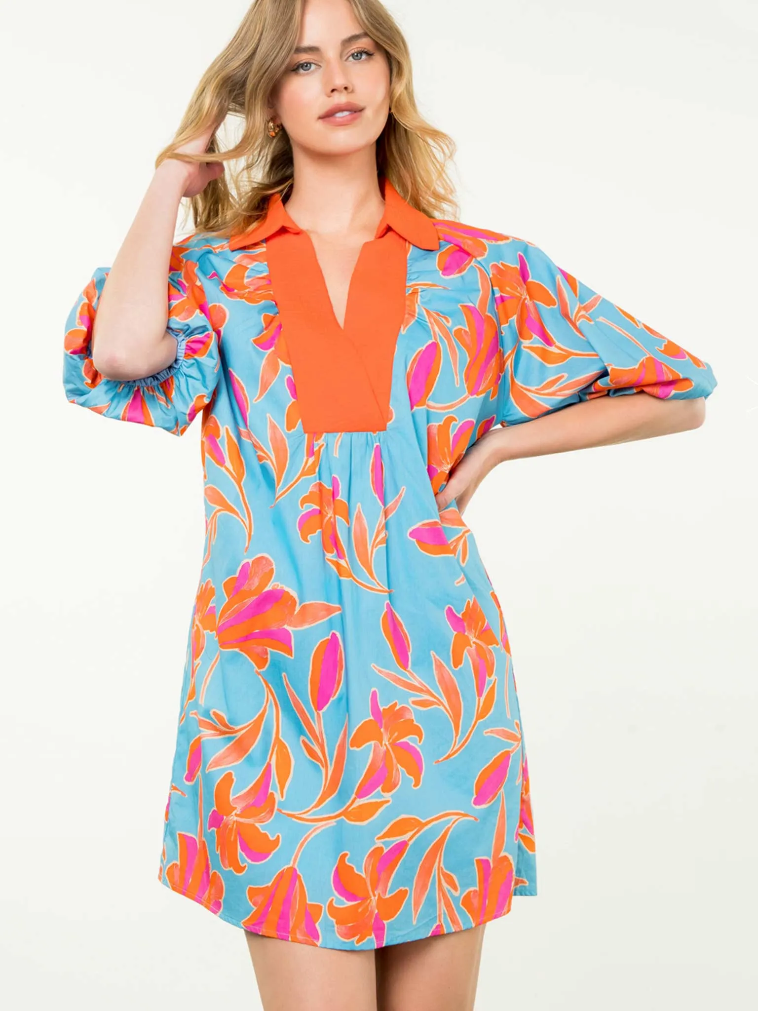 Blue Puff Sleeve Flower Print Dress