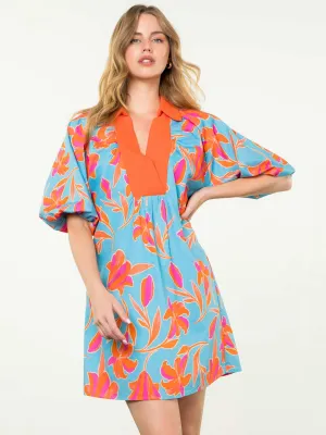 Blue Puff Sleeve Flower Print Dress