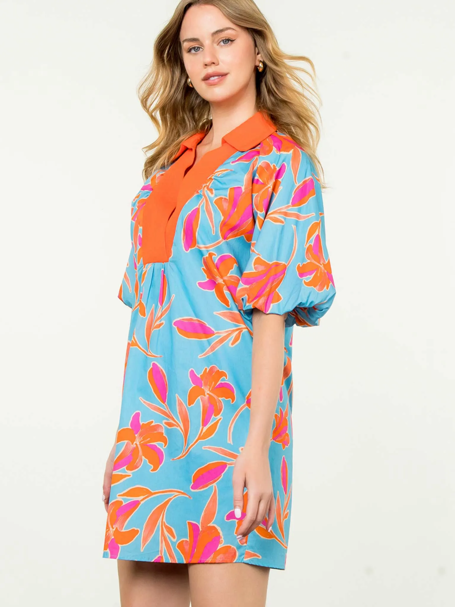 Blue Puff Sleeve Flower Print Dress