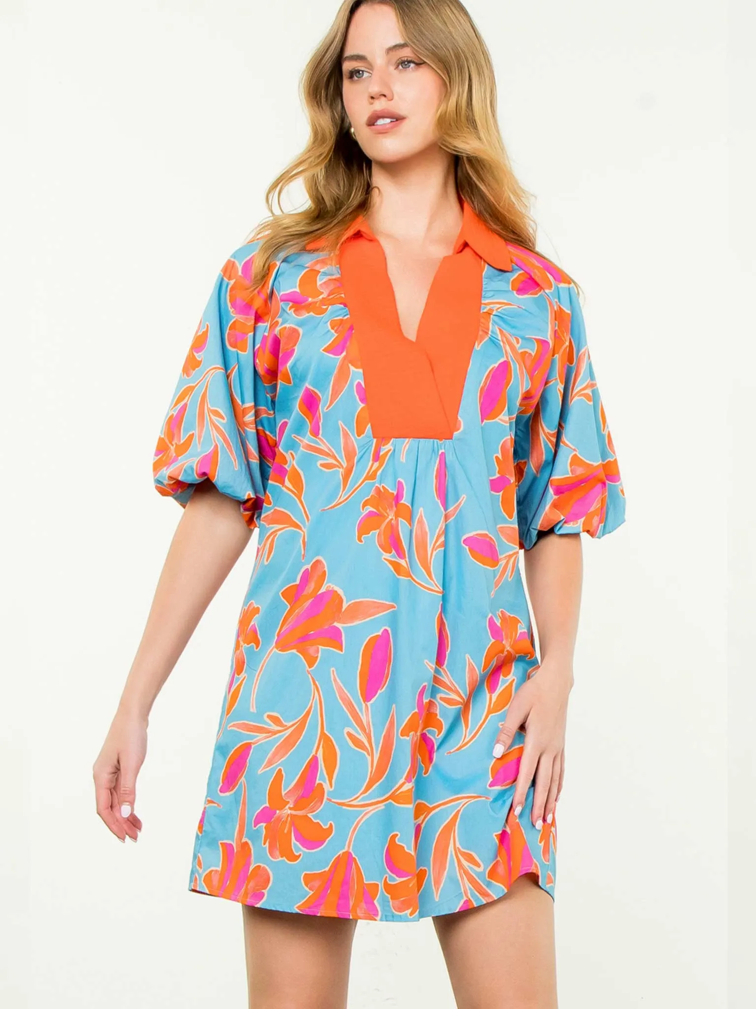 Blue Puff Sleeve Flower Print Dress