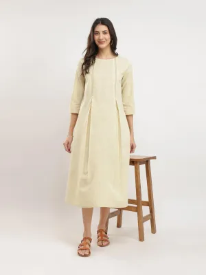 Cotton Solid A-Line Midi Dress - Khaki