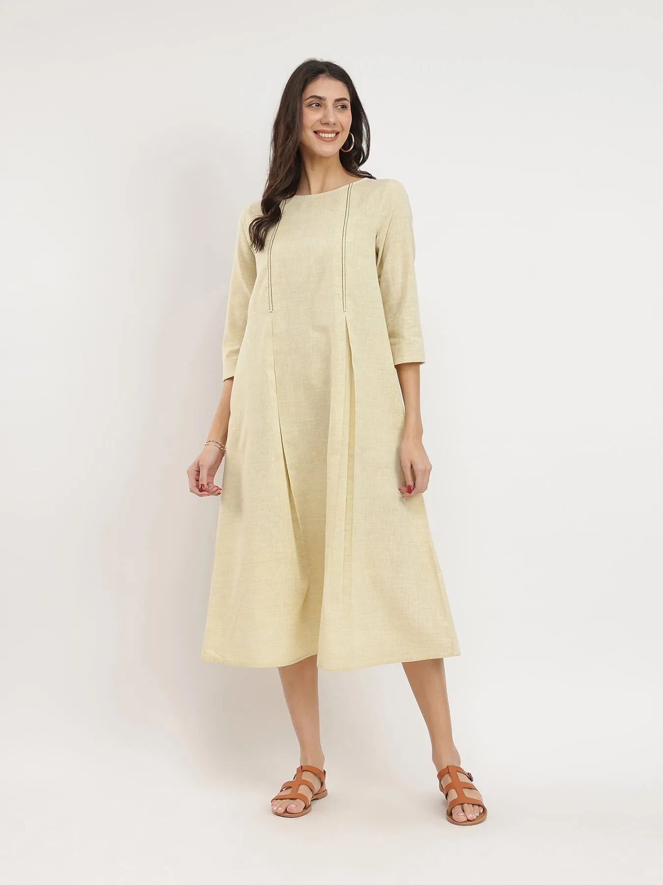 Cotton Solid A-Line Midi Dress - Khaki
