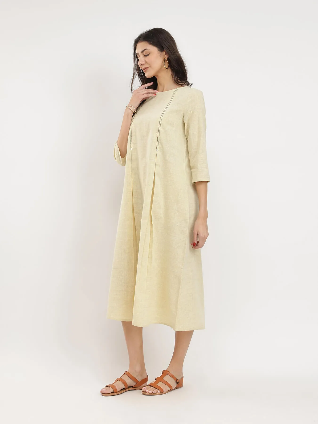 Cotton Solid A-Line Midi Dress - Khaki
