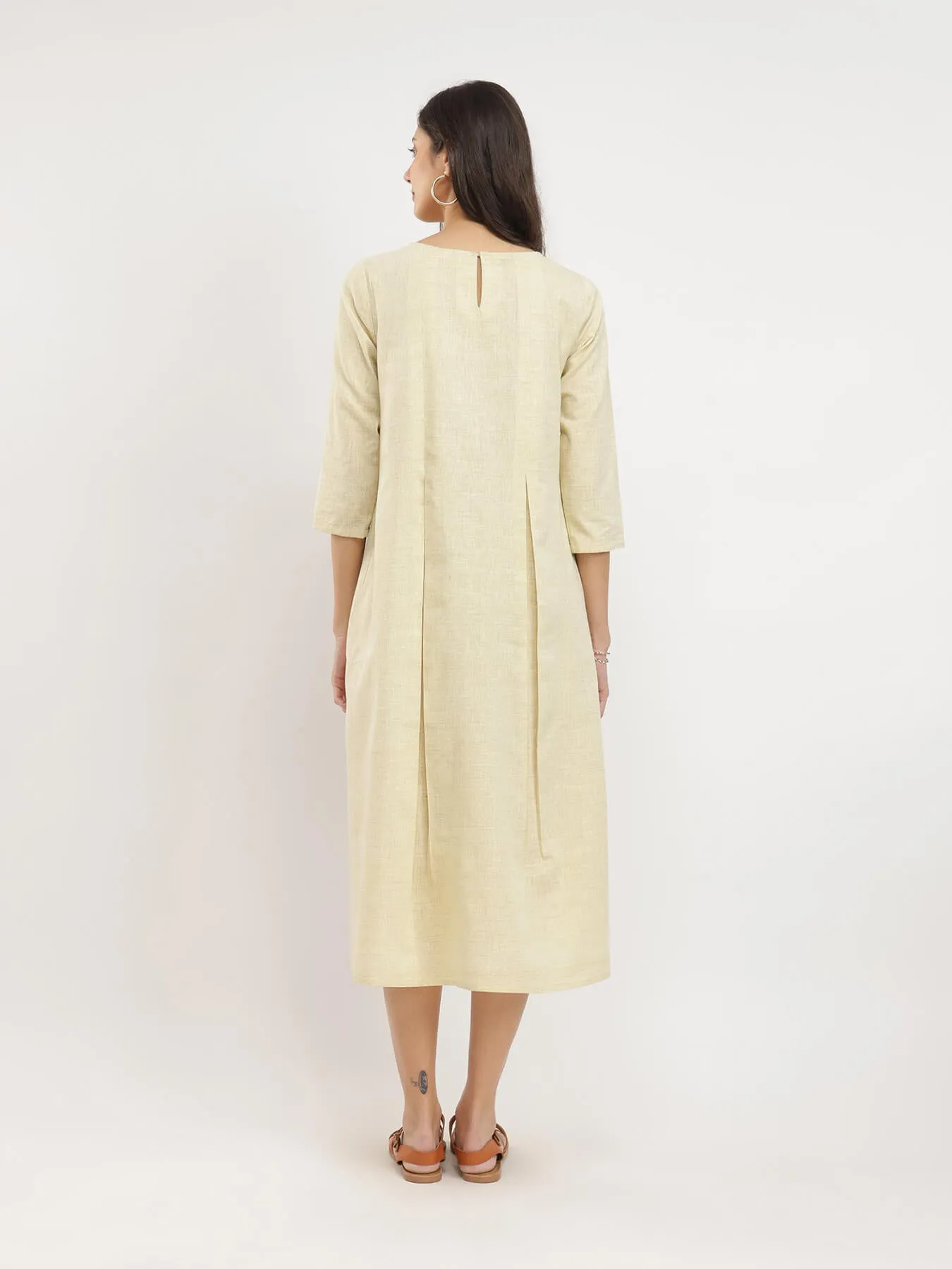 Cotton Solid A-Line Midi Dress - Khaki