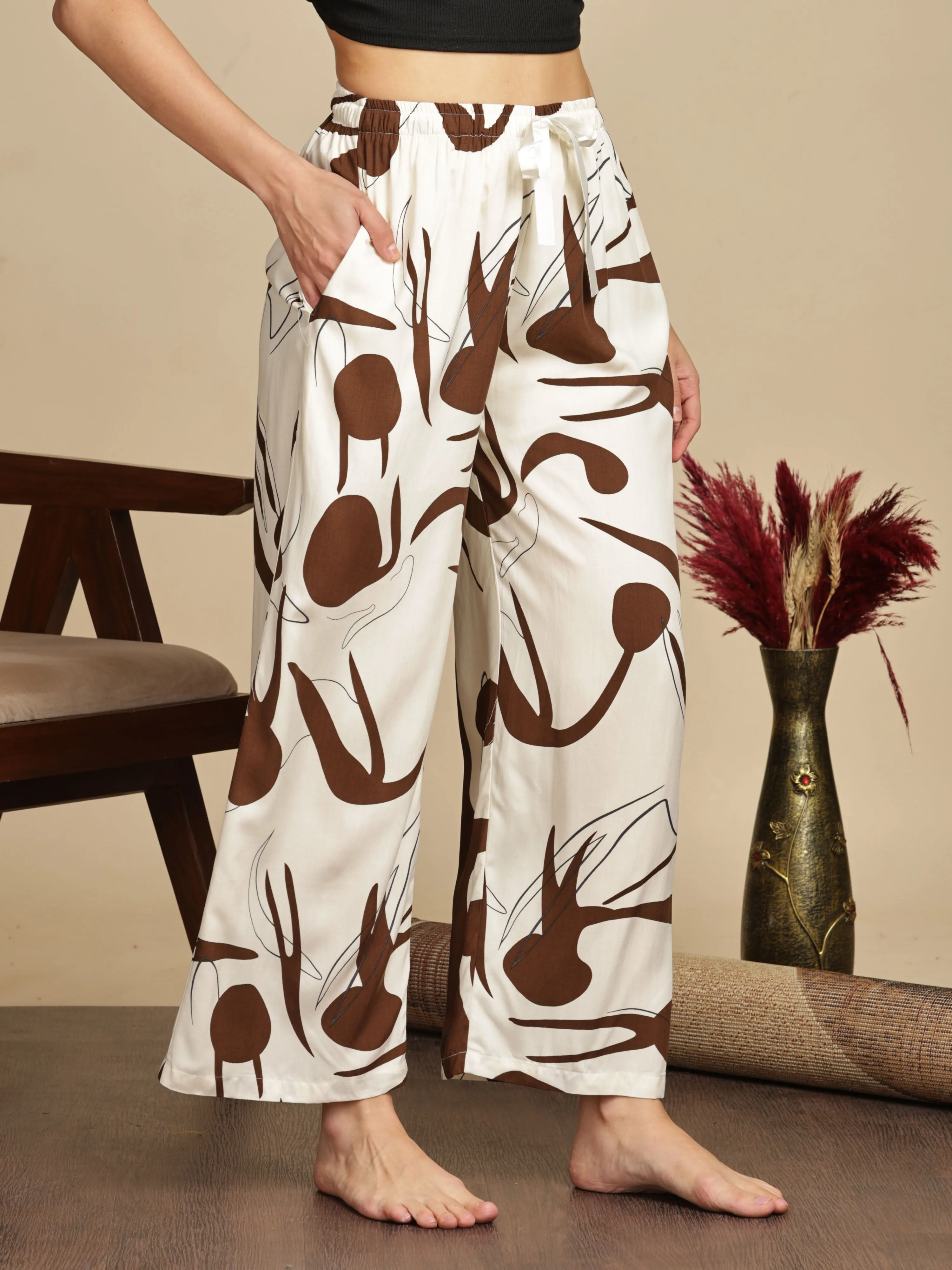 Cream Cookie Printed Palazzo Pants for Women in Soft Rayon Fabric