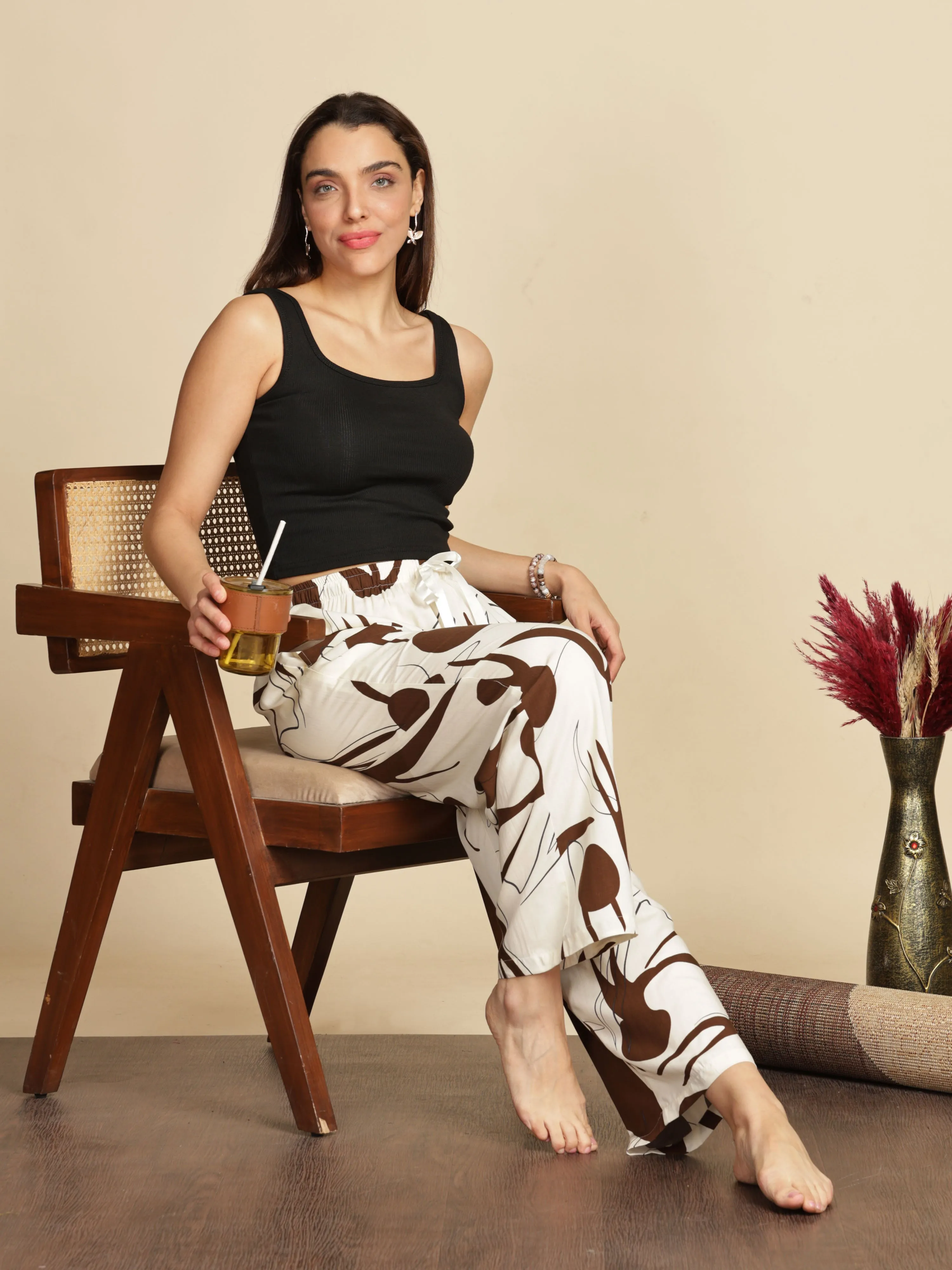 Cream Cookie Printed Palazzo Pants for Women in Soft Rayon Fabric