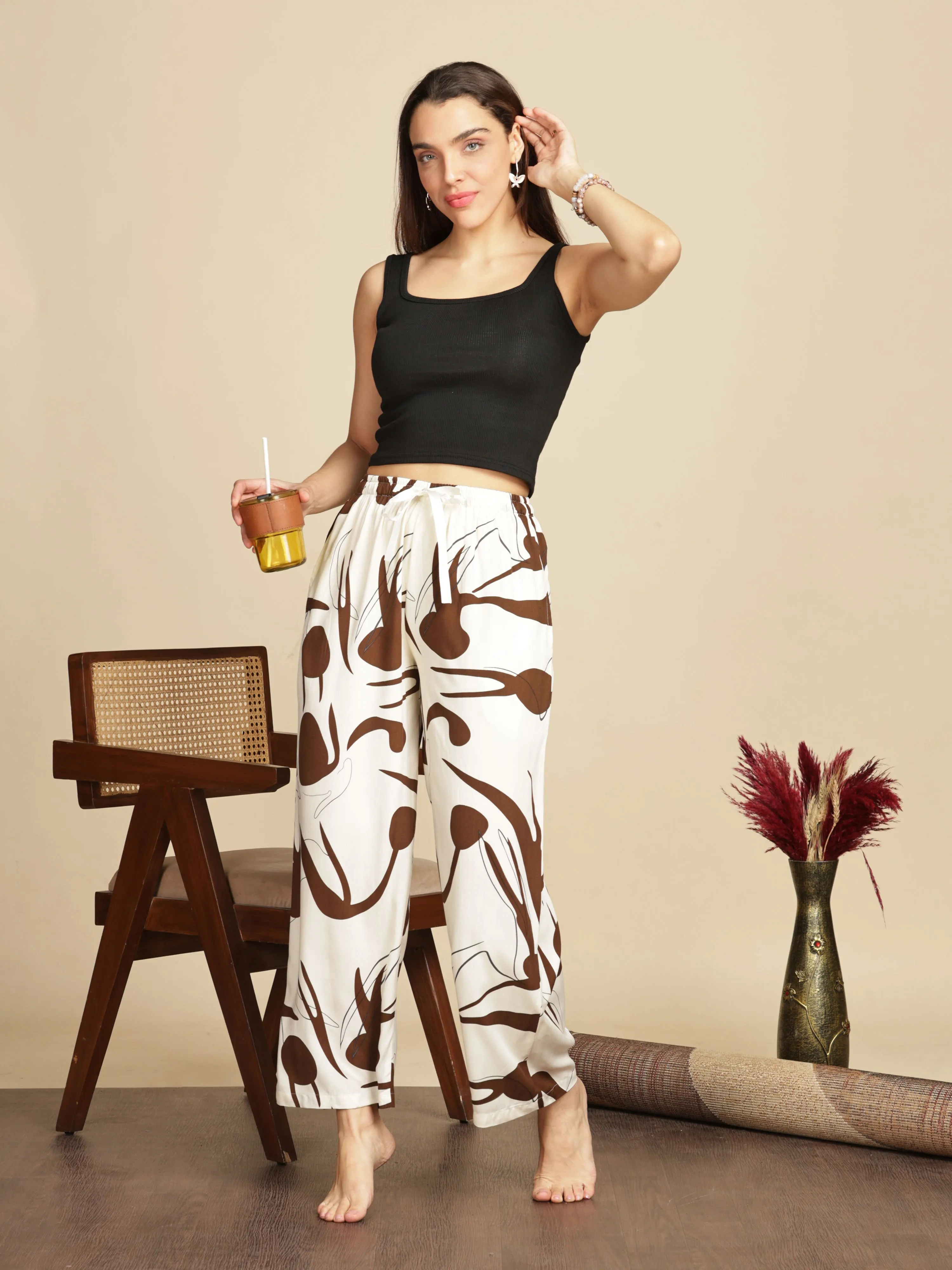 Cream Cookie Printed Palazzo Pants for Women in Soft Rayon Fabric