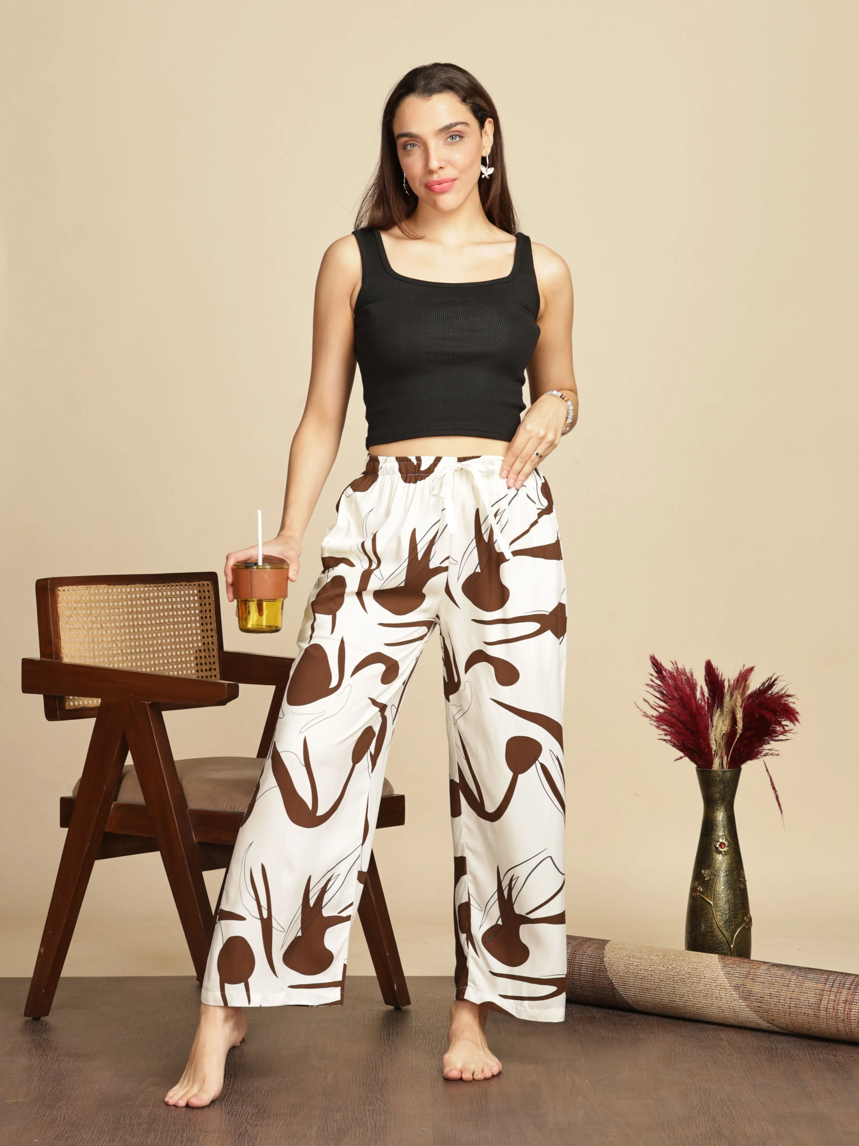 Cream Cookie Printed Palazzo Pants for Women in Soft Rayon Fabric