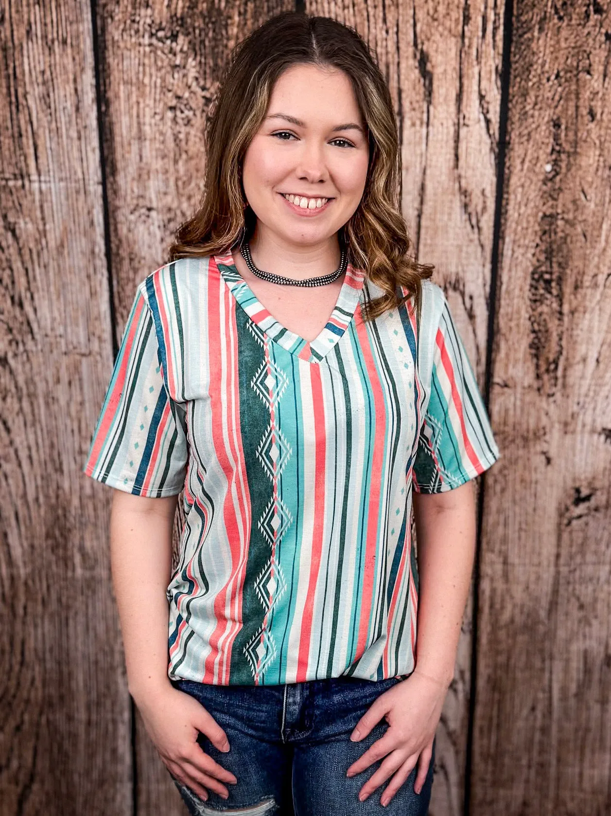 Dalia Mint and Coral Serape Print Short Sleeve V - Neck Top