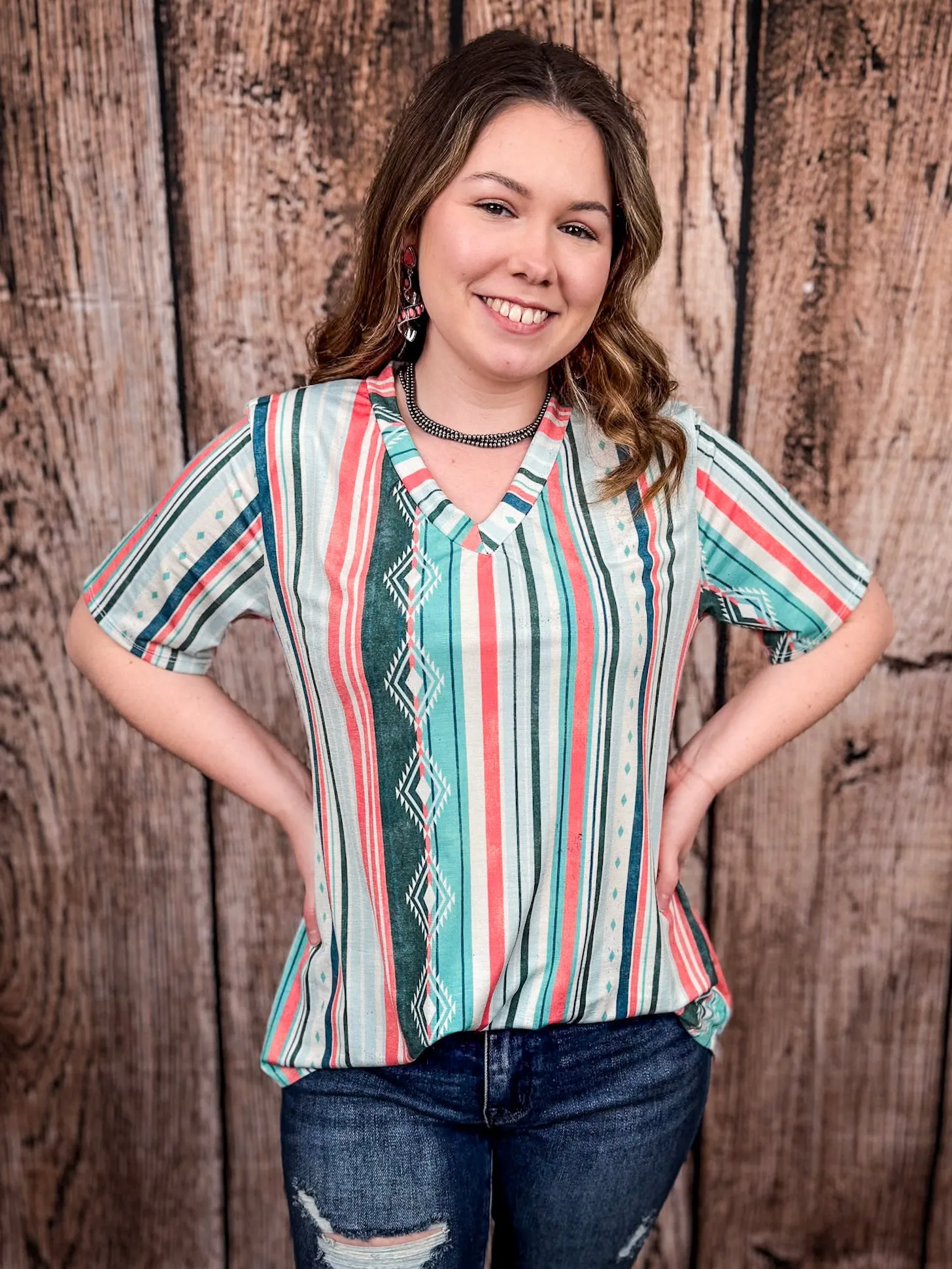 Dalia Mint and Coral Serape Print Short Sleeve V - Neck Top