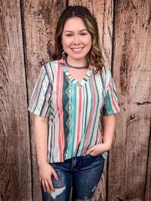 Dalia Mint and Coral Serape Print Short Sleeve V - Neck Top
