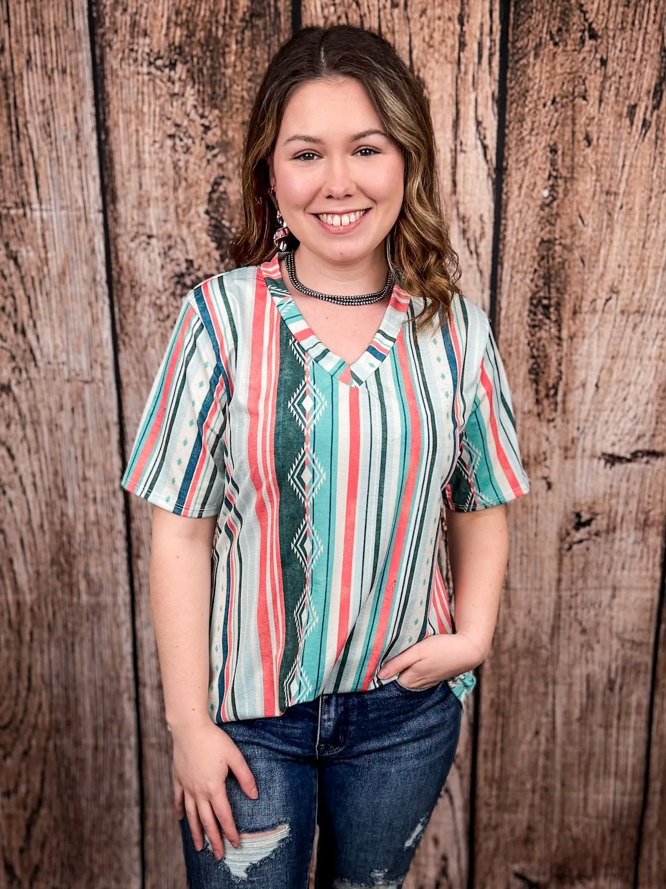 Dalia Mint and Coral Serape Print Short Sleeve V - Neck Top