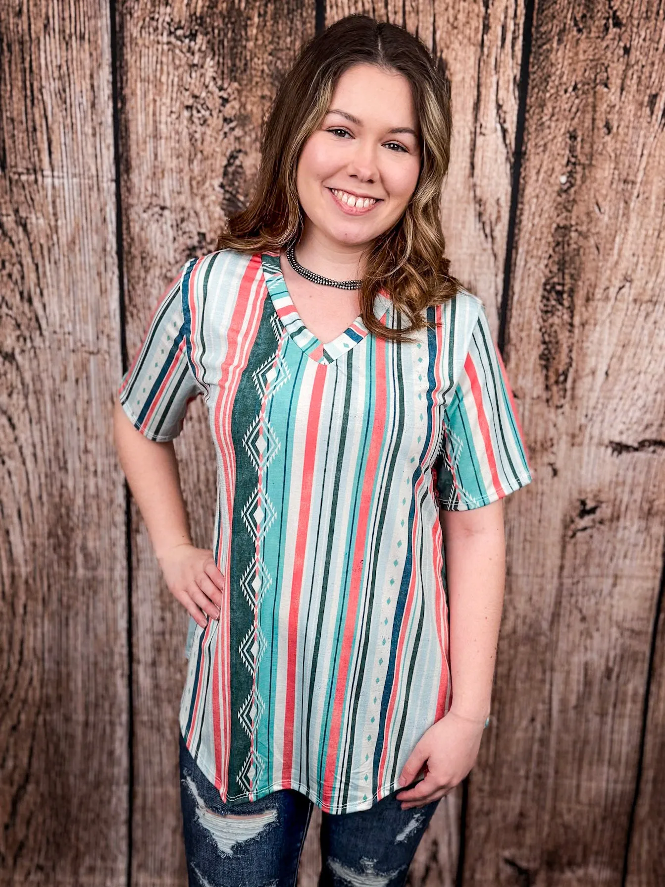 Dalia Mint and Coral Serape Print Short Sleeve V - Neck Top