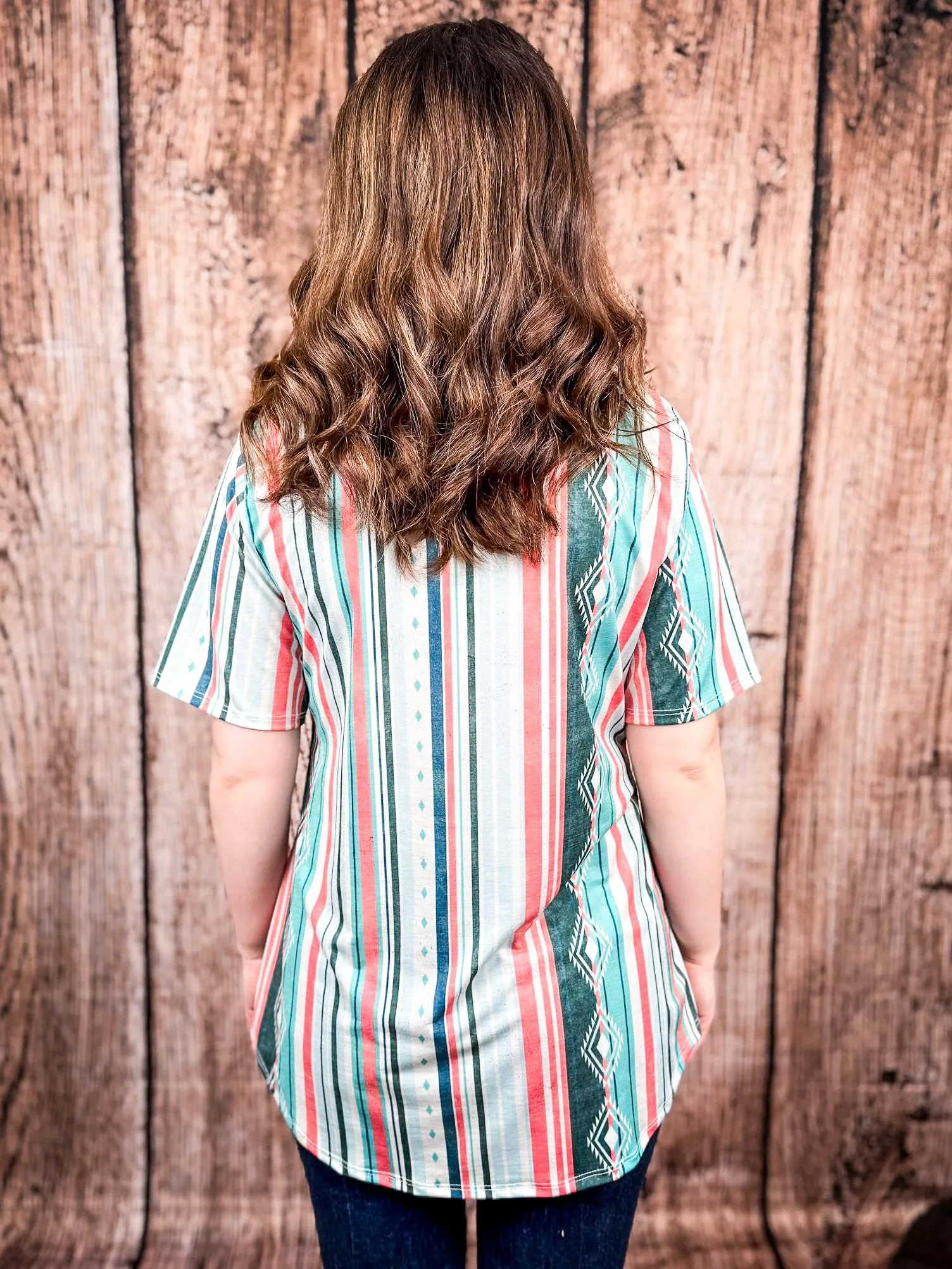 Dalia Mint and Coral Serape Print Short Sleeve V - Neck Top