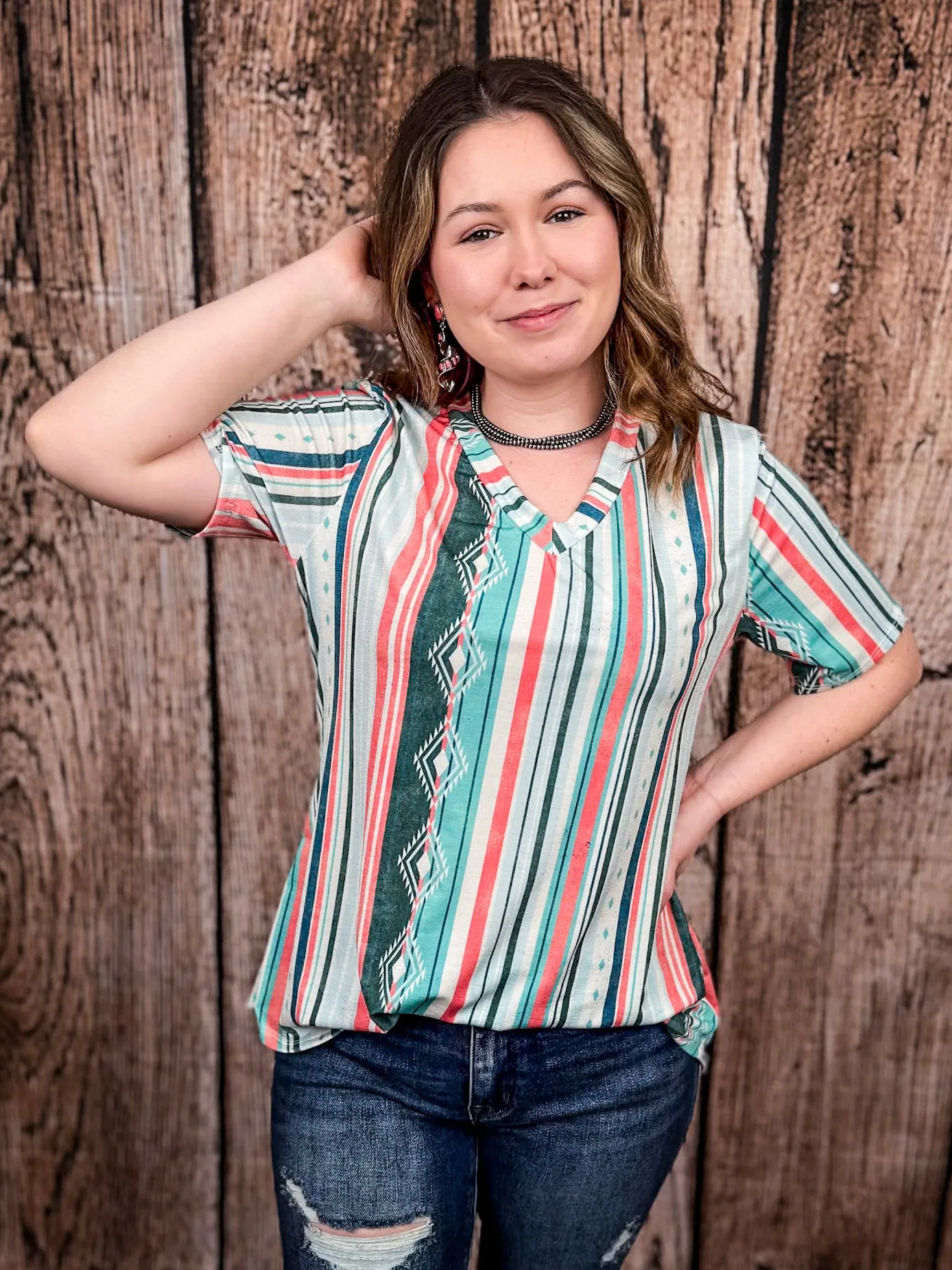 Dalia Mint and Coral Serape Print Short Sleeve V - Neck Top
