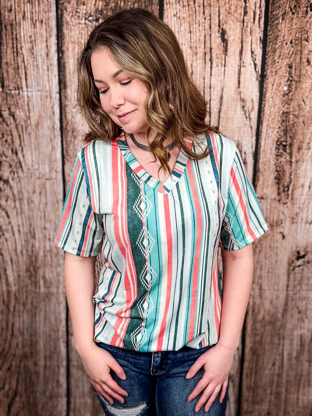 Dalia Mint and Coral Serape Print Short Sleeve V - Neck Top