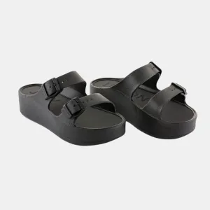 DOUBLE BUCKLE STRAP BLACK WEDGE SANDAL