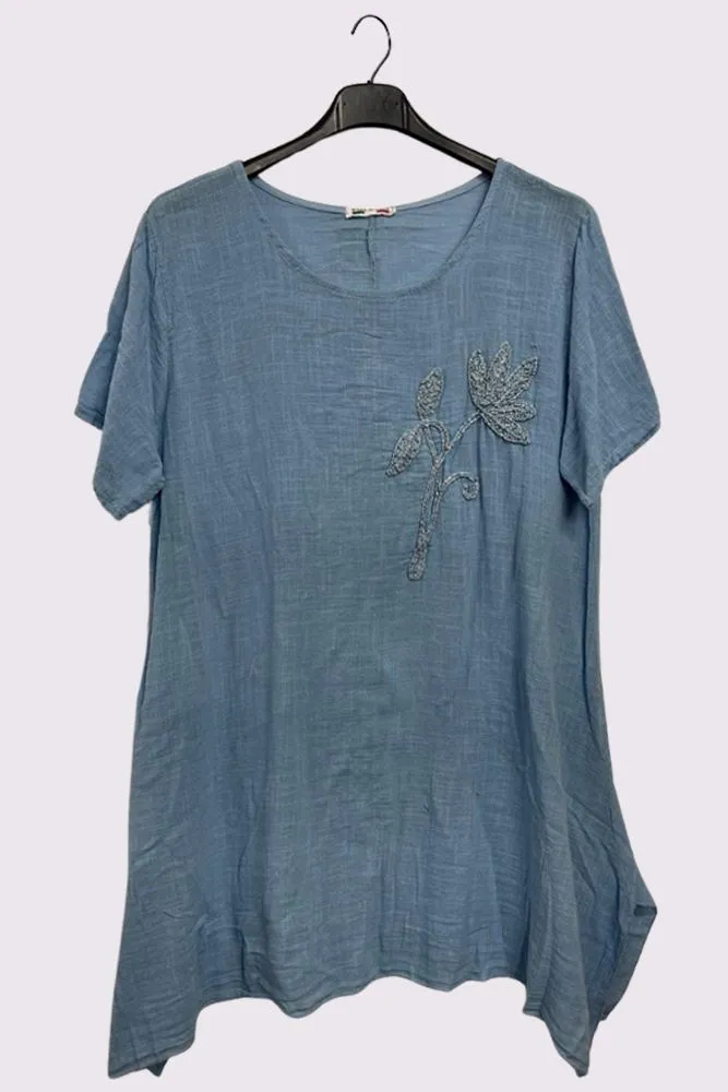 Embroidered Flower Side Slits Oversized Cotton Top