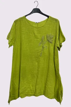 Embroidered Flower Side Slits Oversized Cotton Top