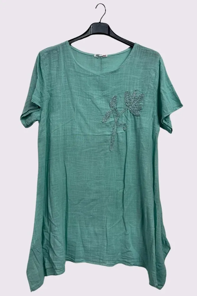 Embroidered Flower Side Slits Oversized Cotton Top
