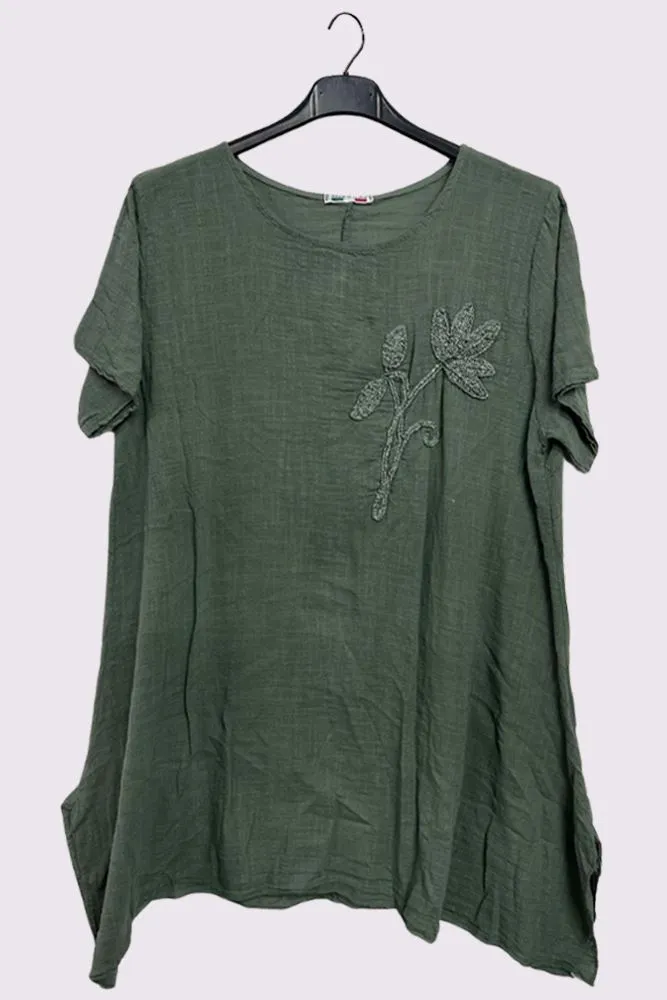 Embroidered Flower Side Slits Oversized Cotton Top