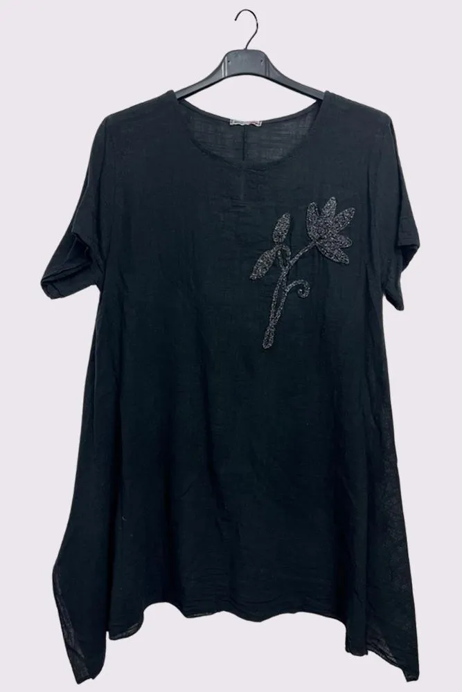 Embroidered Flower Side Slits Oversized Cotton Top