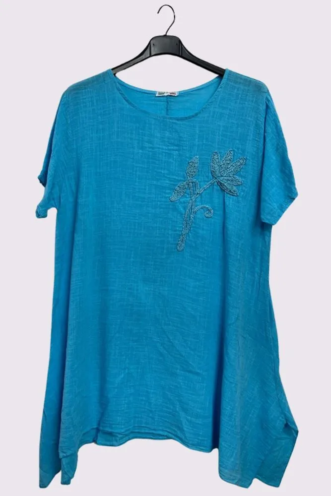 Embroidered Flower Side Slits Oversized Cotton Top