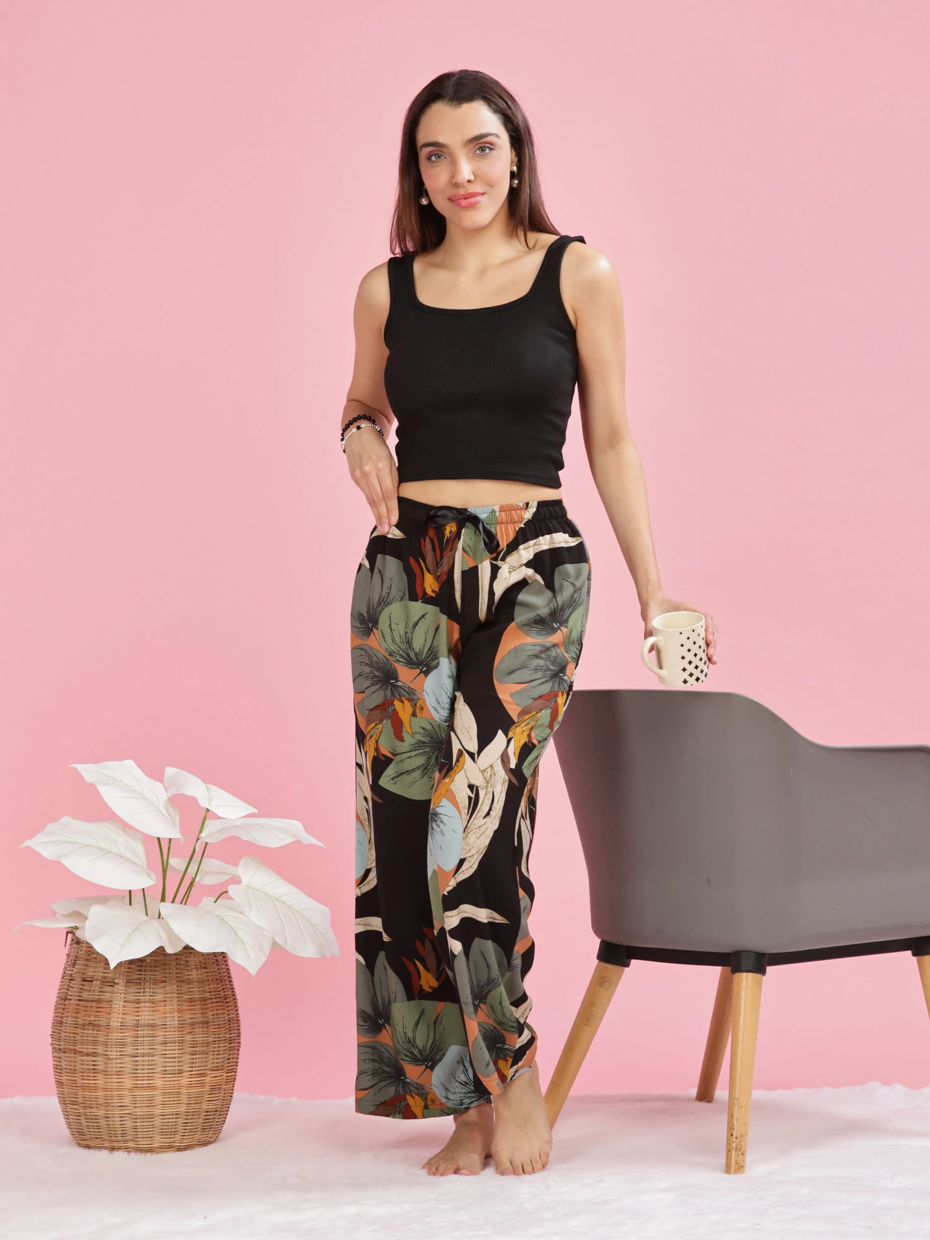 Forest Black Stylish Palazzo Pants for Women with Elastic Waistband