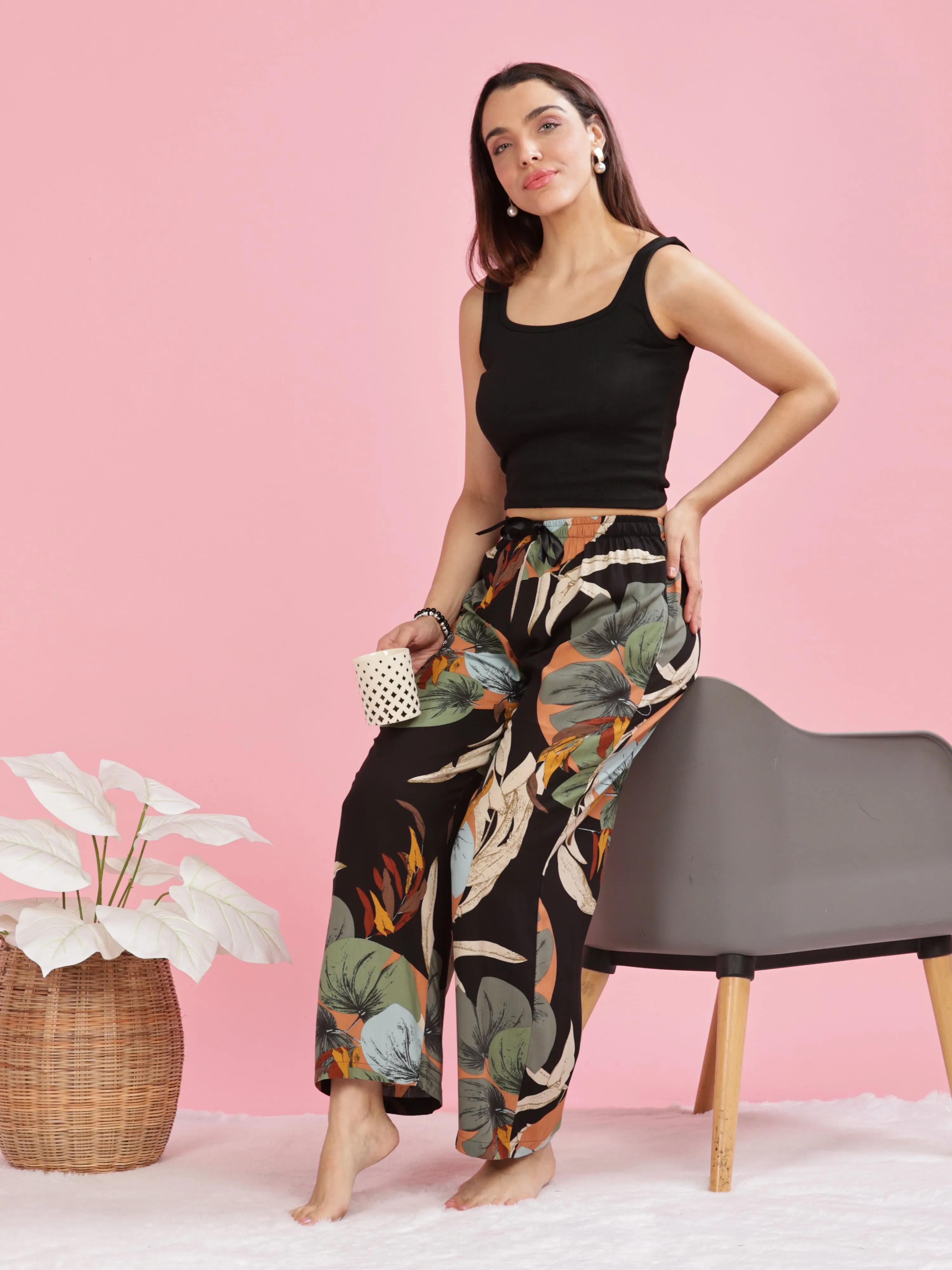 Forest Black Stylish Palazzo Pants for Women with Elastic Waistband