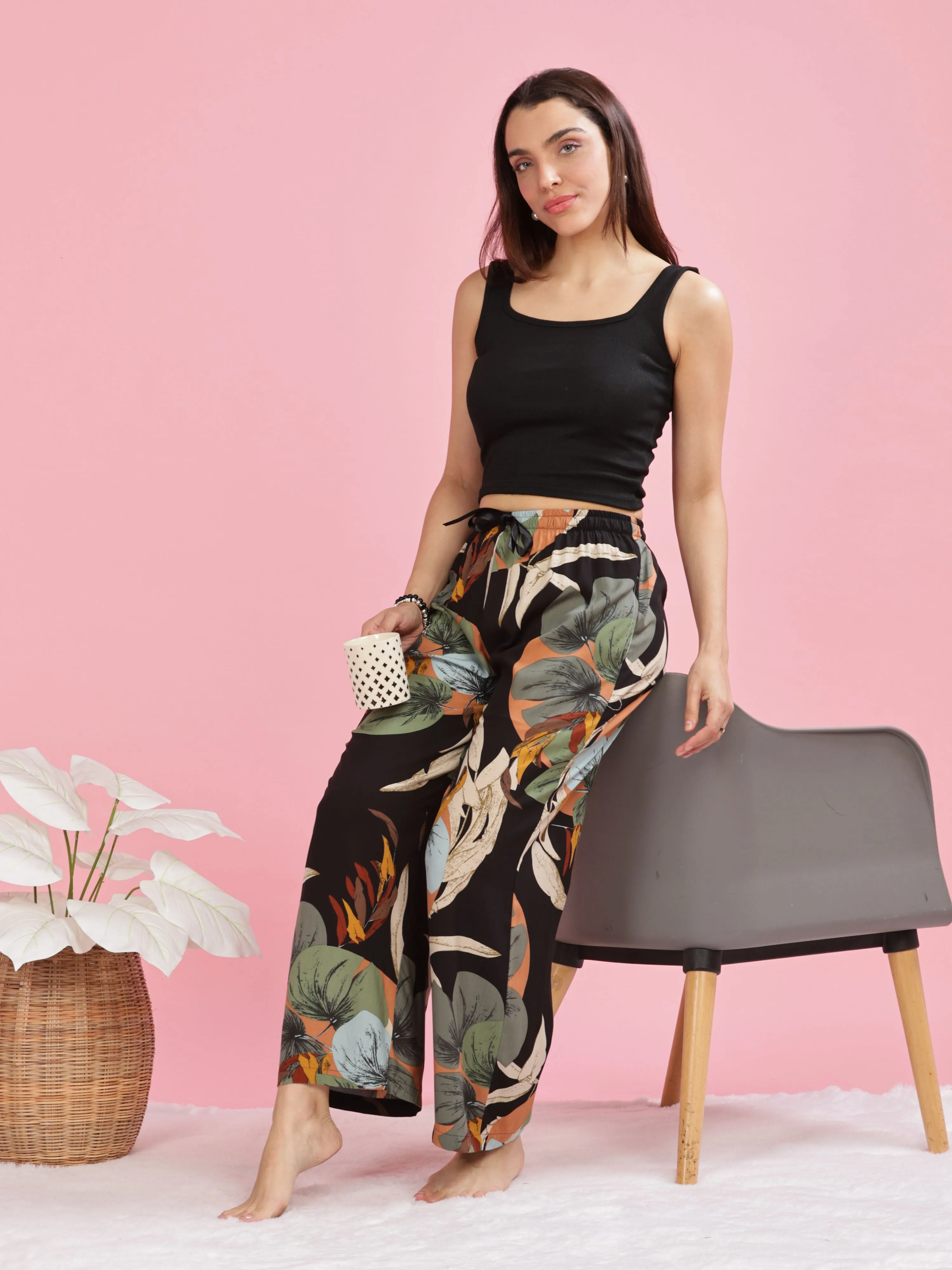 Forest Black Stylish Palazzo Pants for Women with Elastic Waistband