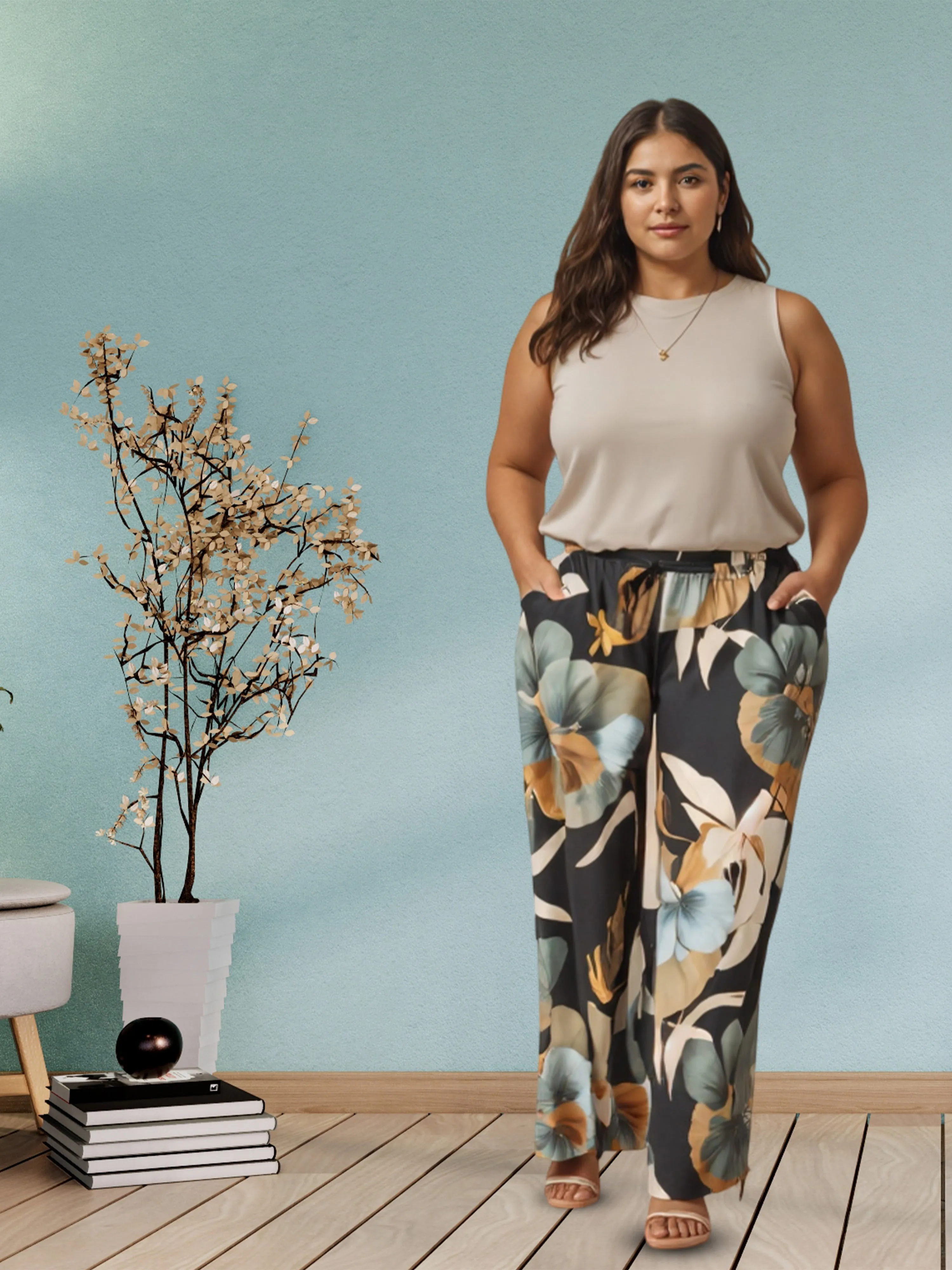 Forest Black Stylish Palazzo Pants for Women with Elastic Waistband