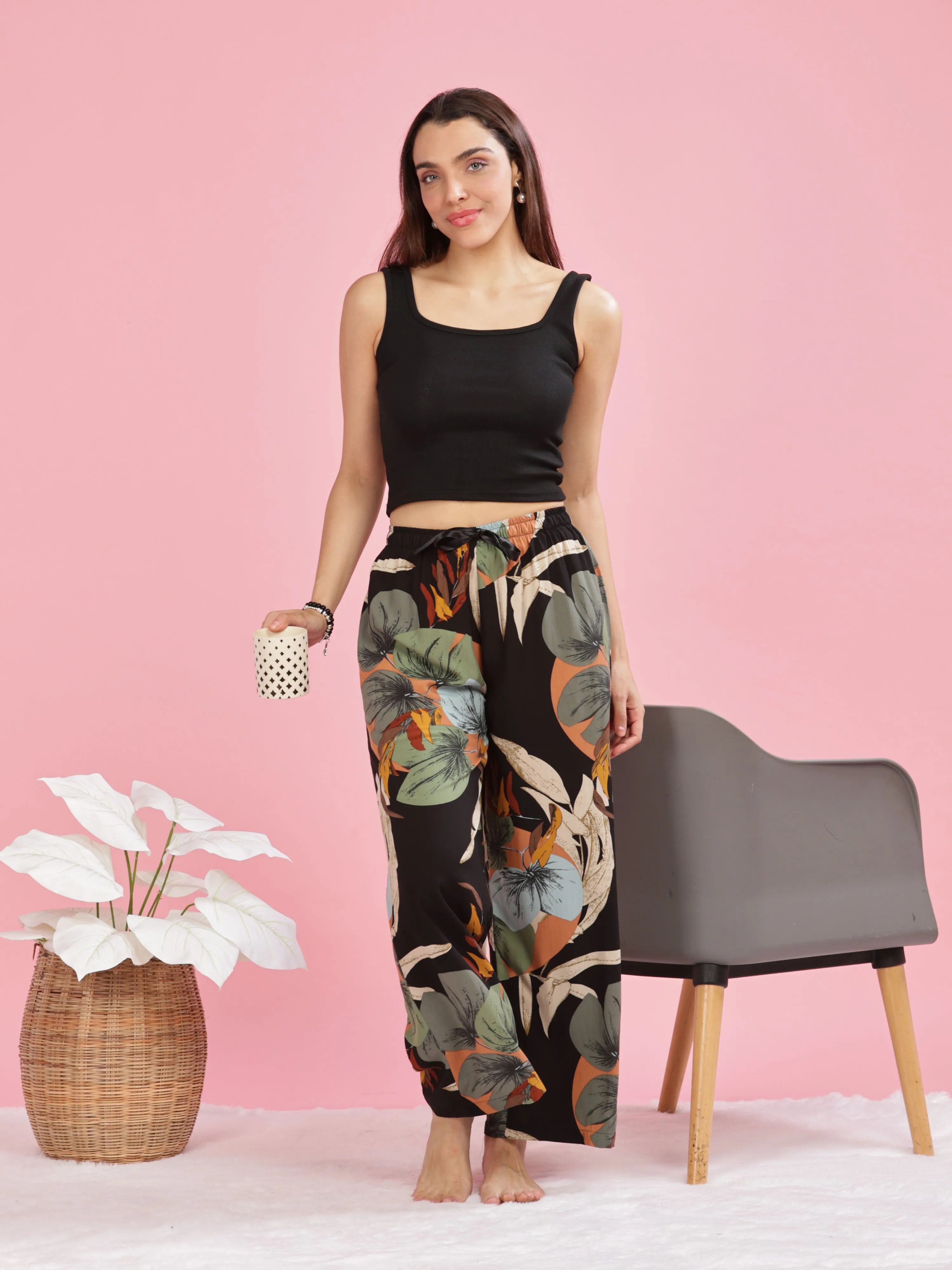 Forest Black Stylish Palazzo Pants for Women with Elastic Waistband