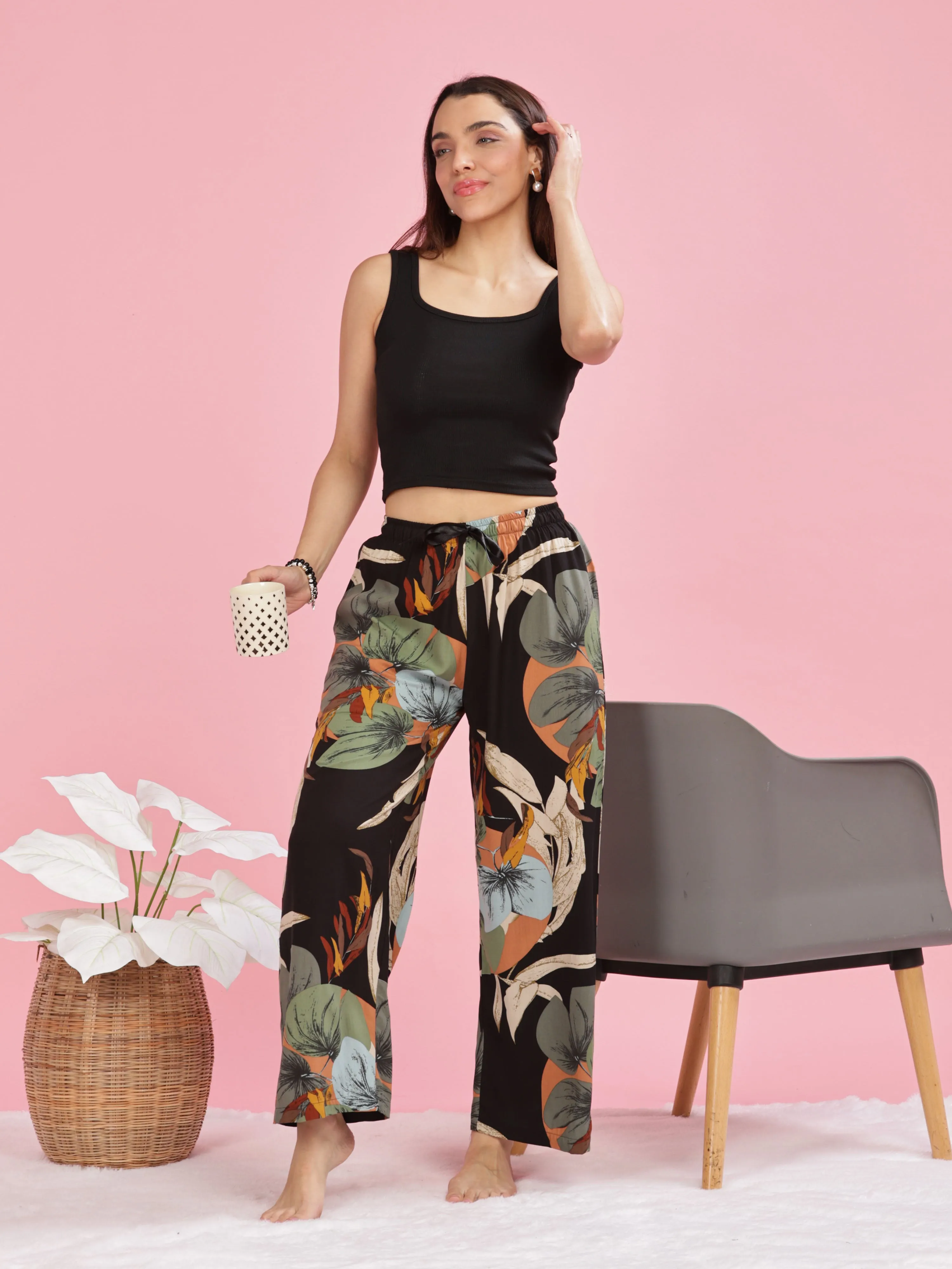 Forest Black Stylish Palazzo Pants for Women with Elastic Waistband